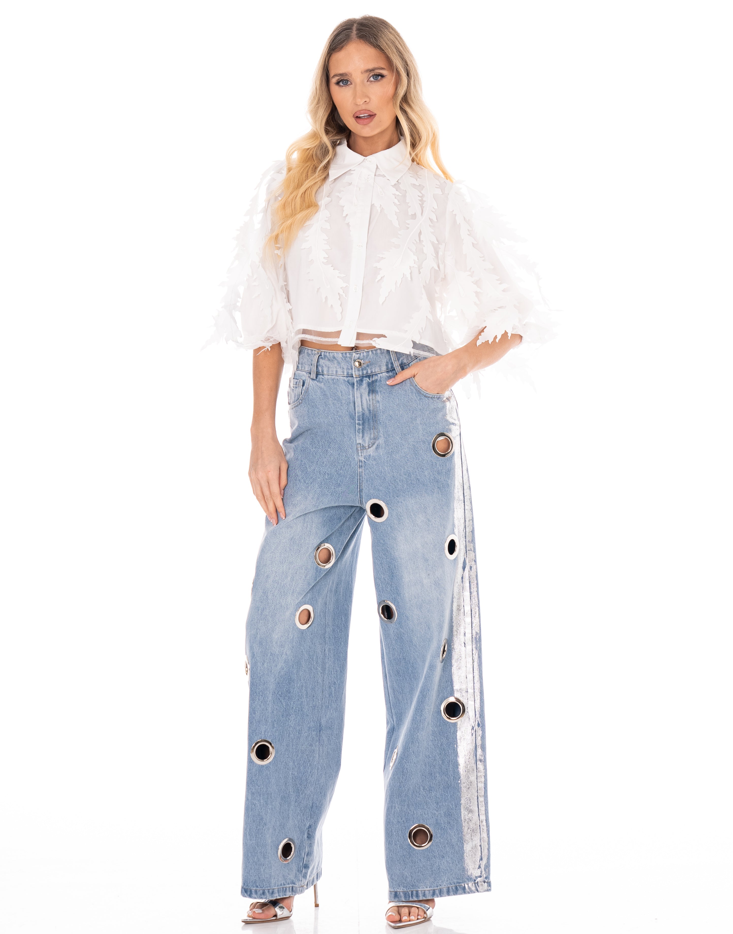 Wide-Leg Grommet Detail Jeans - Denim
