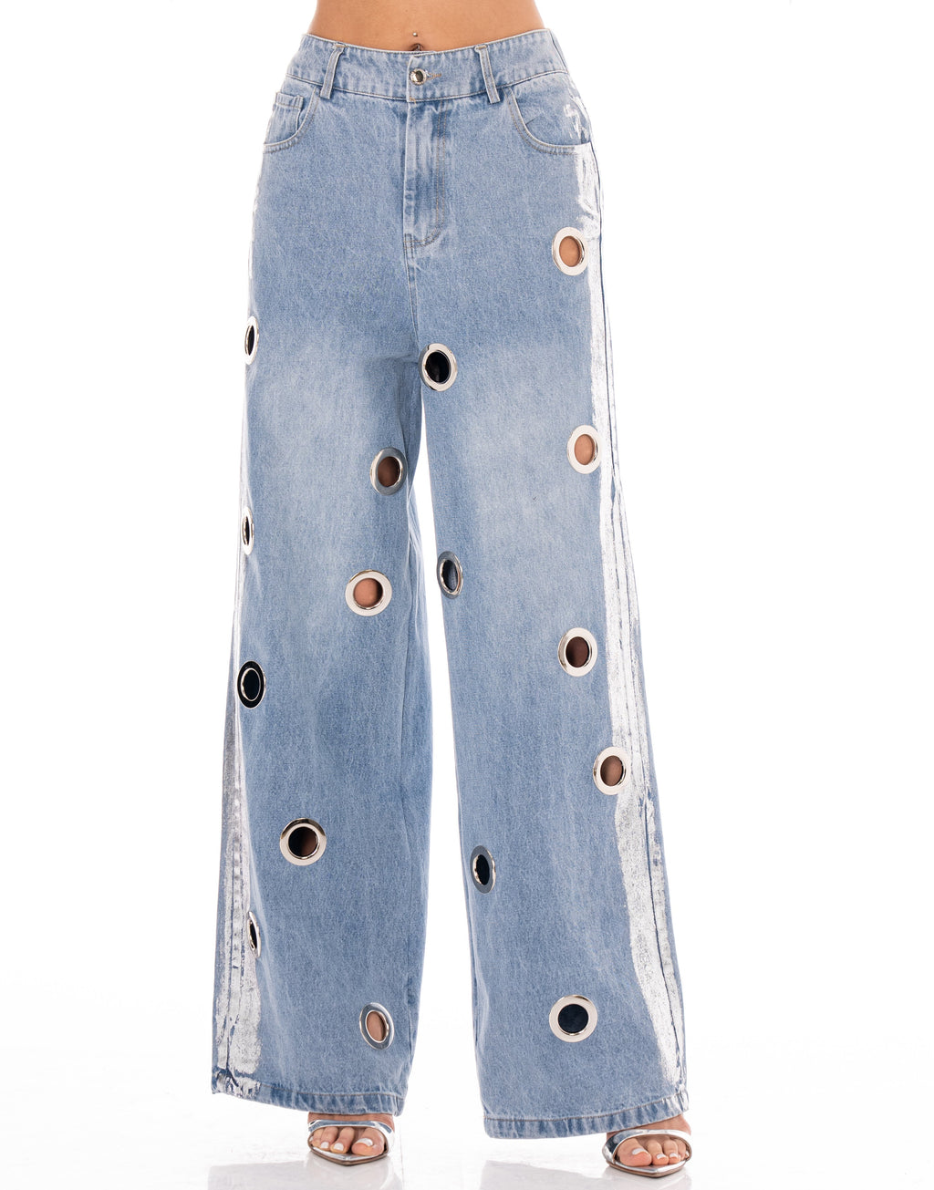 Wide-Leg Grommet Detail Jeans - Denim