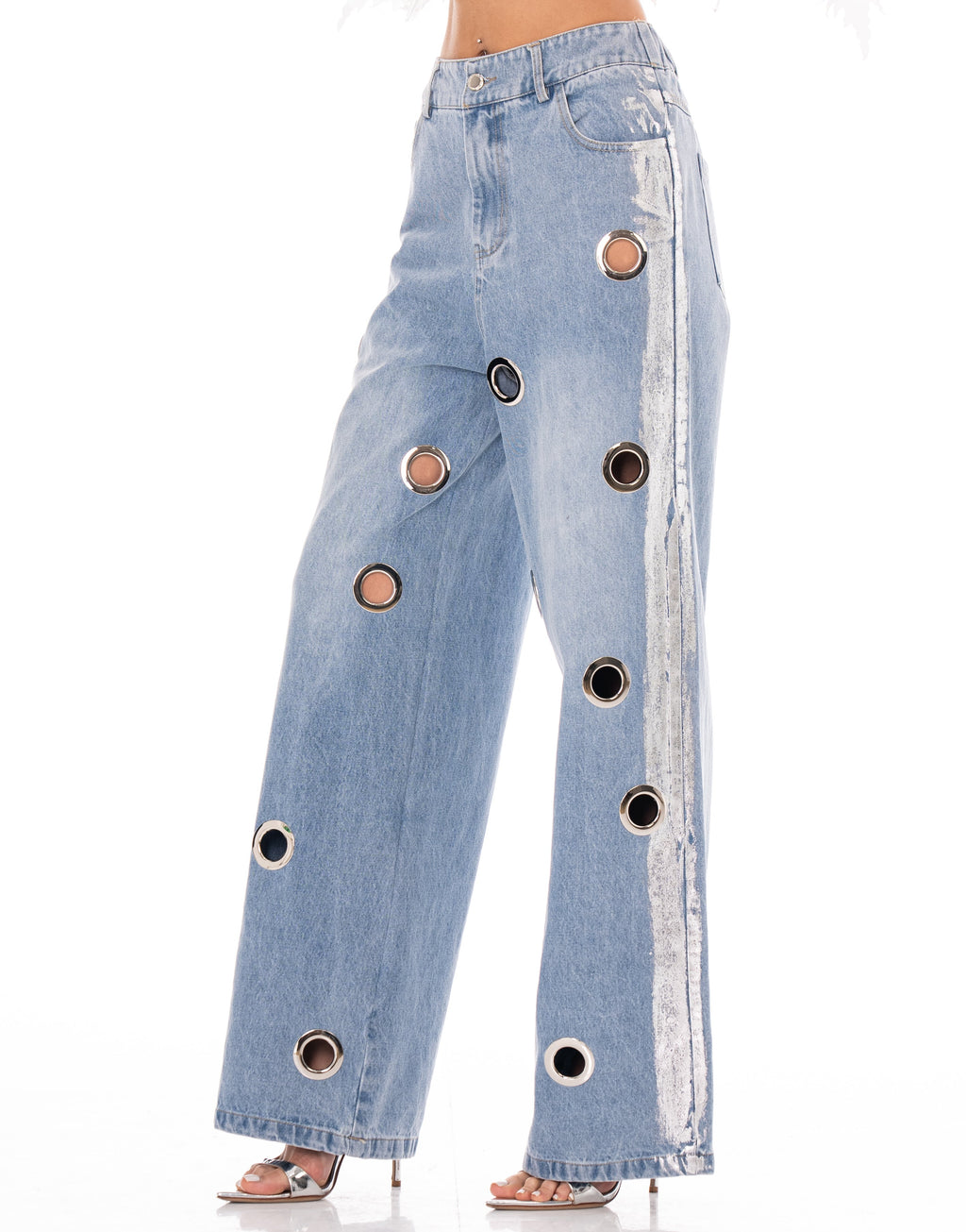 Wide-Leg Grommet Detail Jeans - Denim