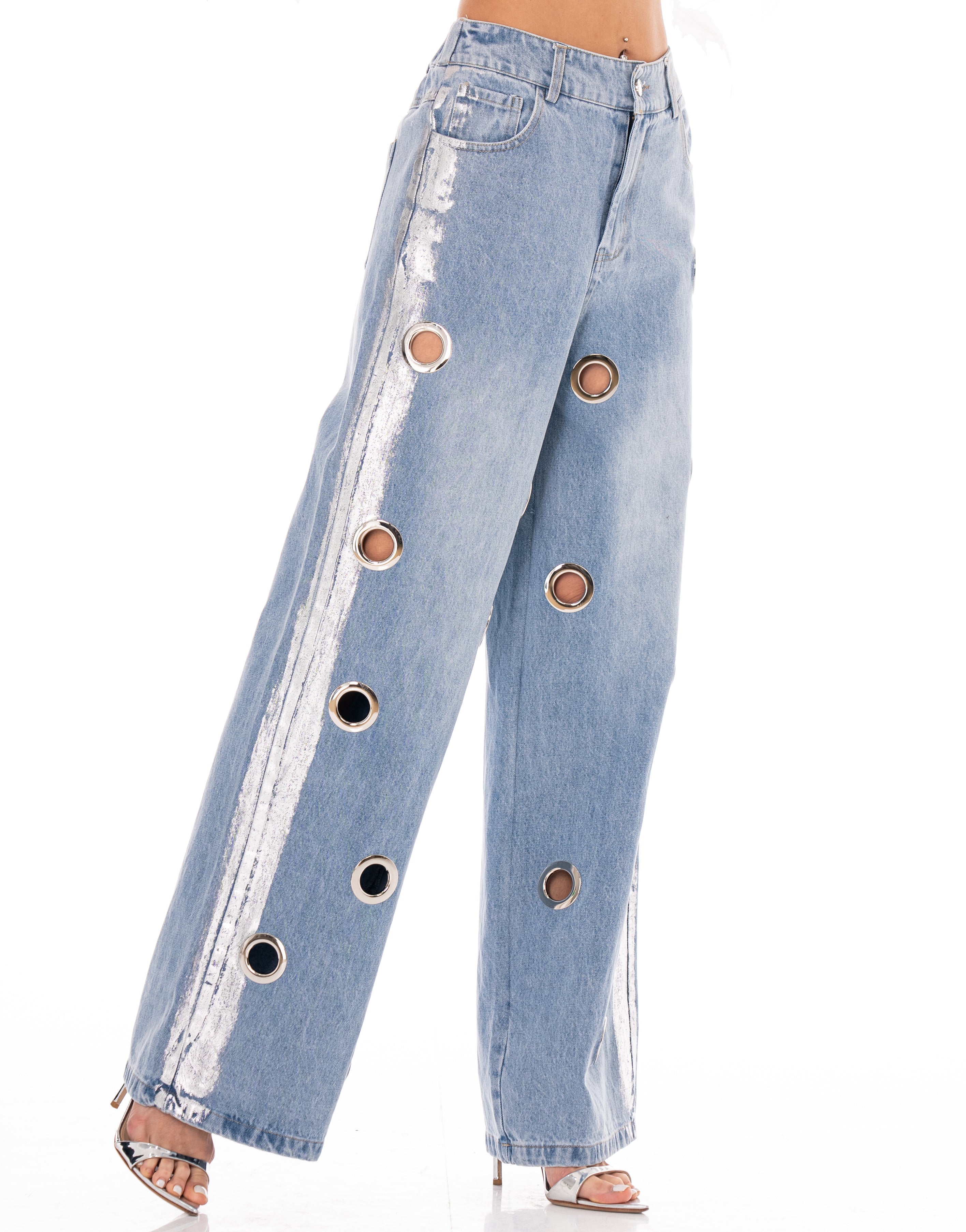 Wide-Leg Grommet Detail Jeans - Denim