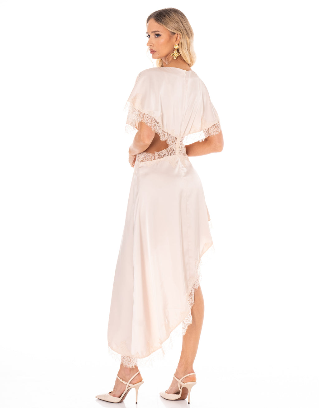 Asymmetrical Lace Midi Dress - Beige