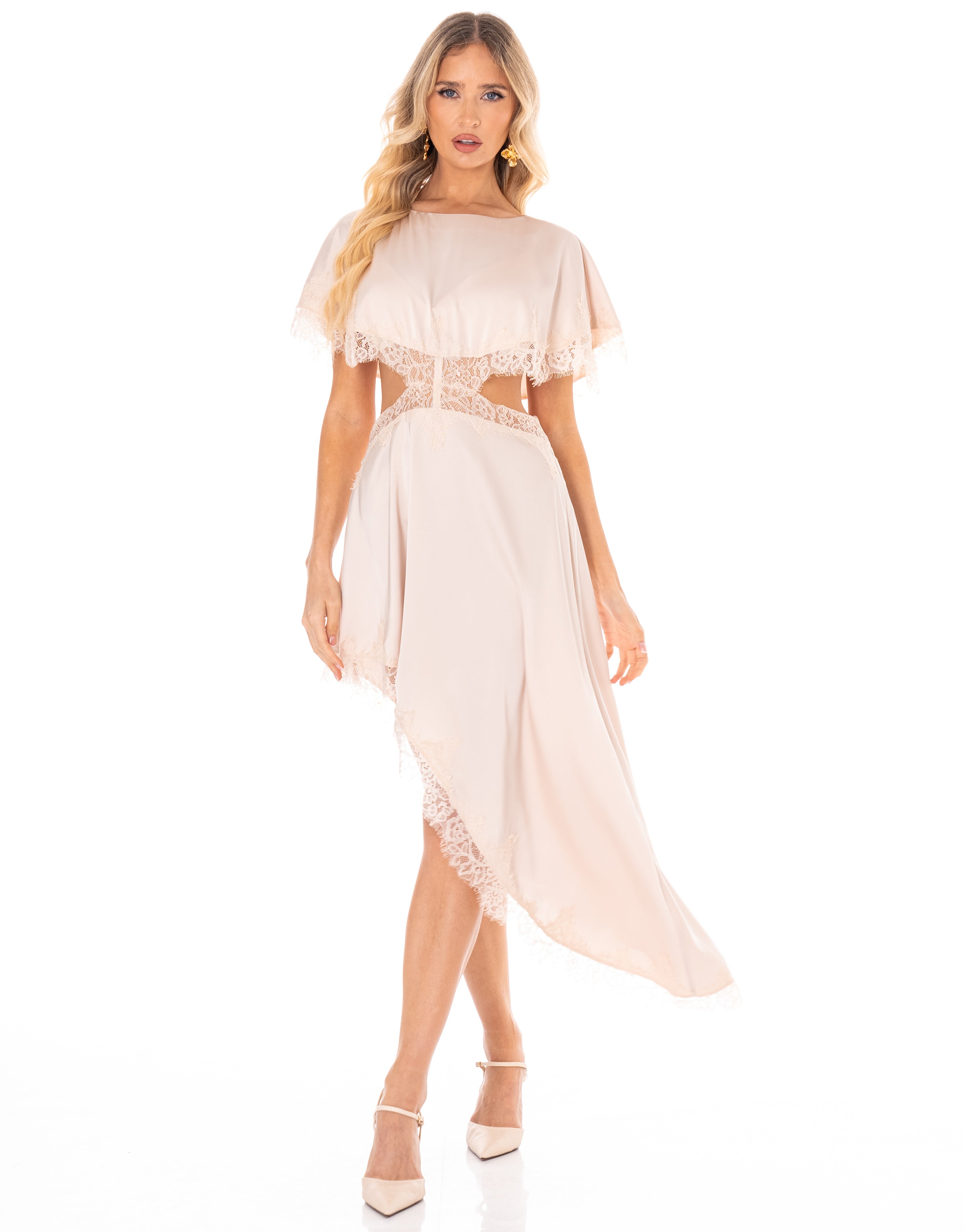Asymmetrical Lace Midi Dress - Beige