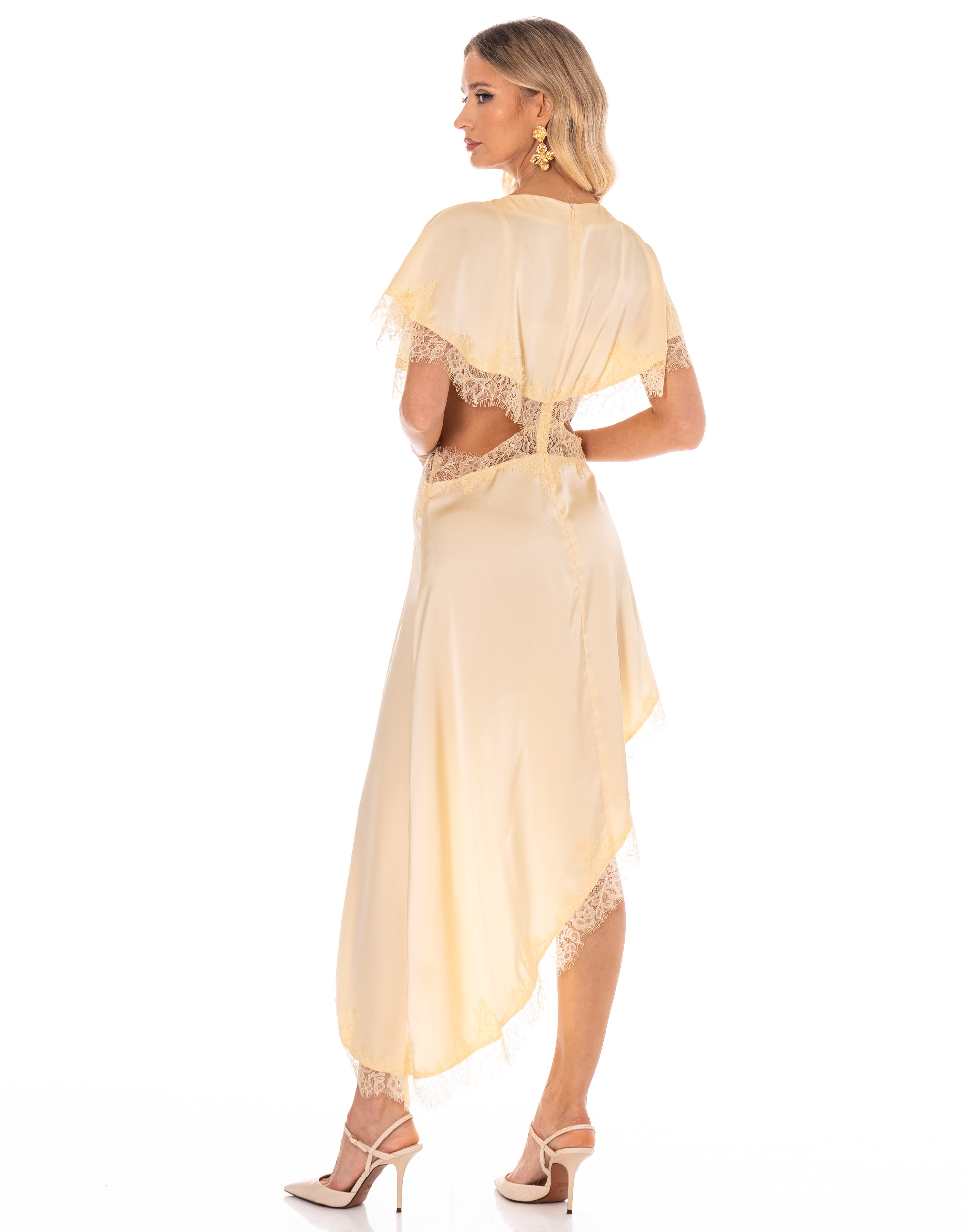 Asymmetrical Lace Midi Dress - Yellow