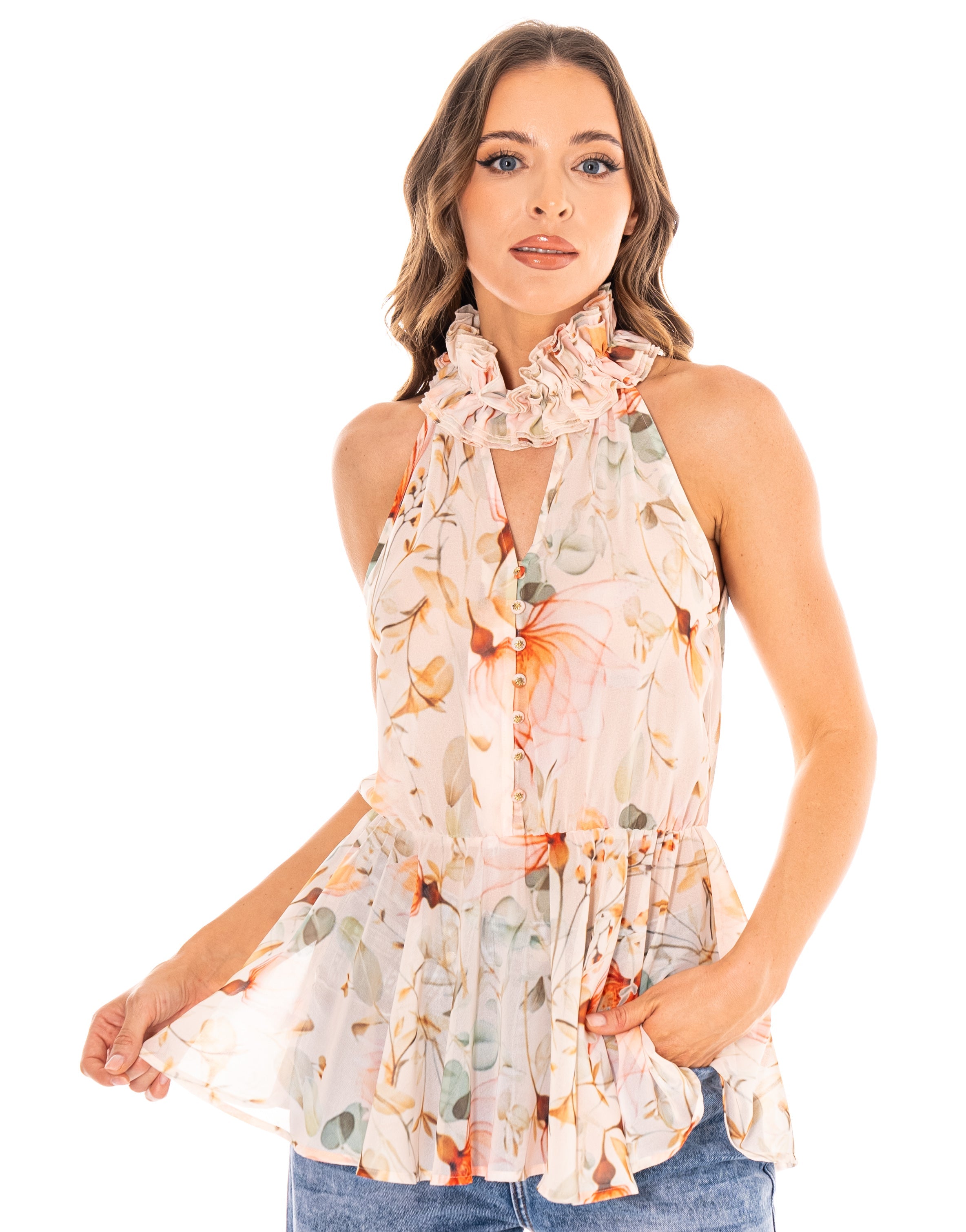 Floral Halter Peplum Top - Multi
