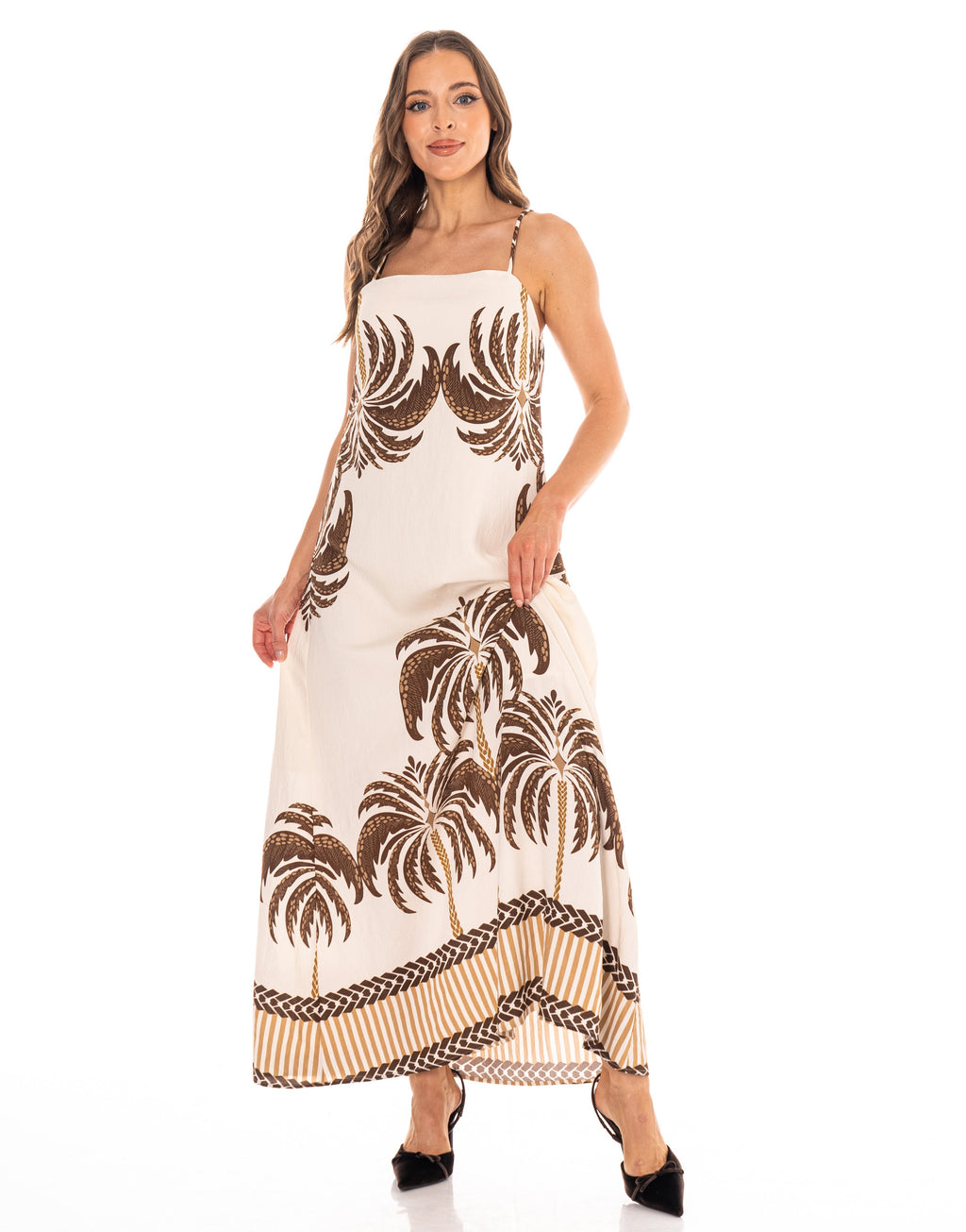Palm Print Midi Dress - Brown Multi