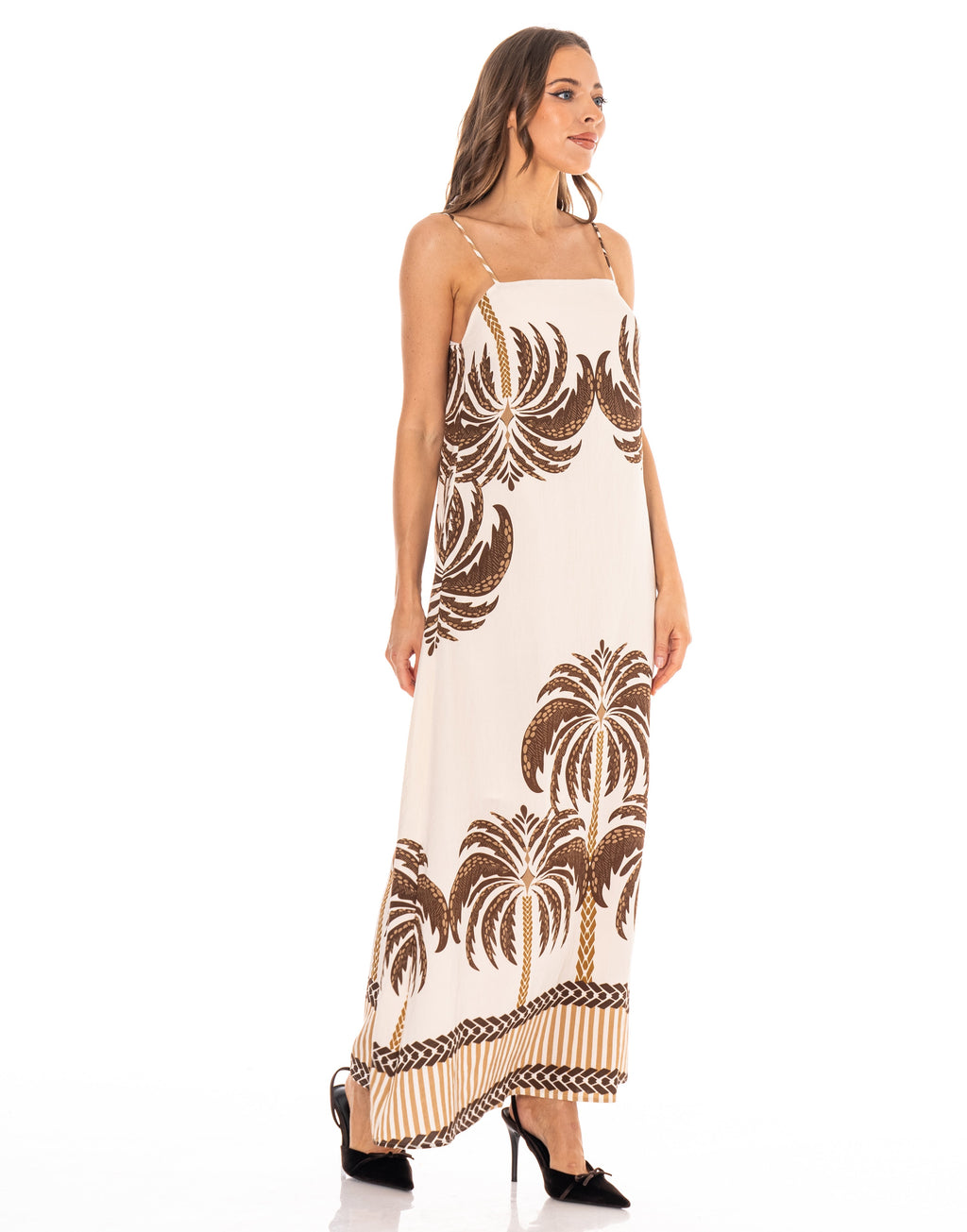 Palm Print Midi Dress - Brown Multi