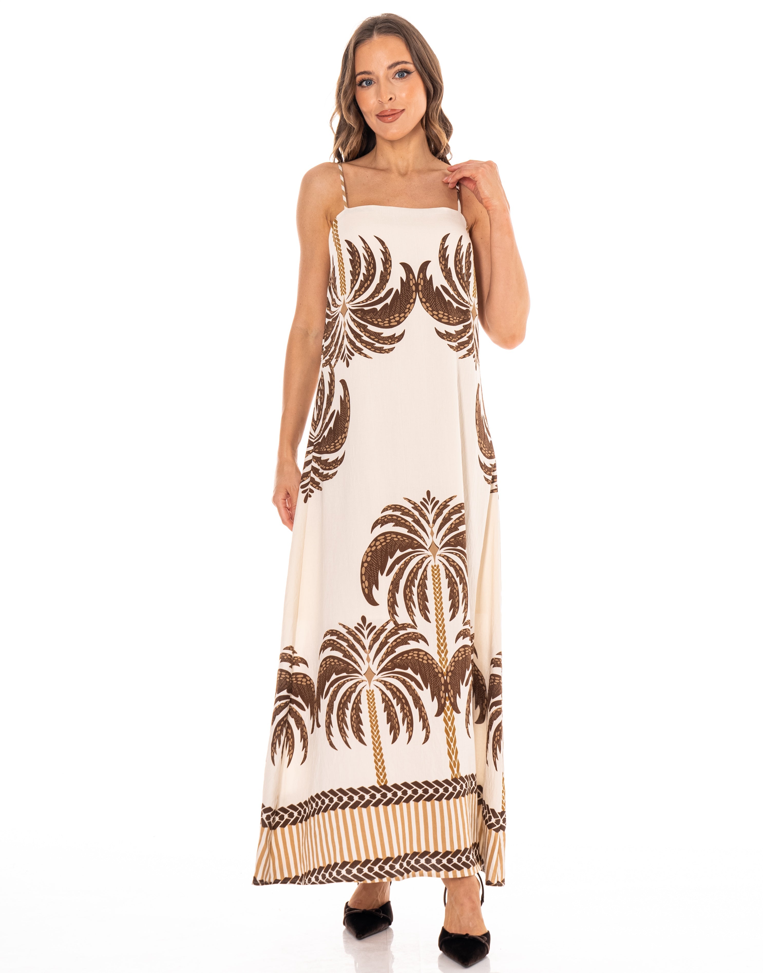 Palm Print Midi Dress - Brown Multi