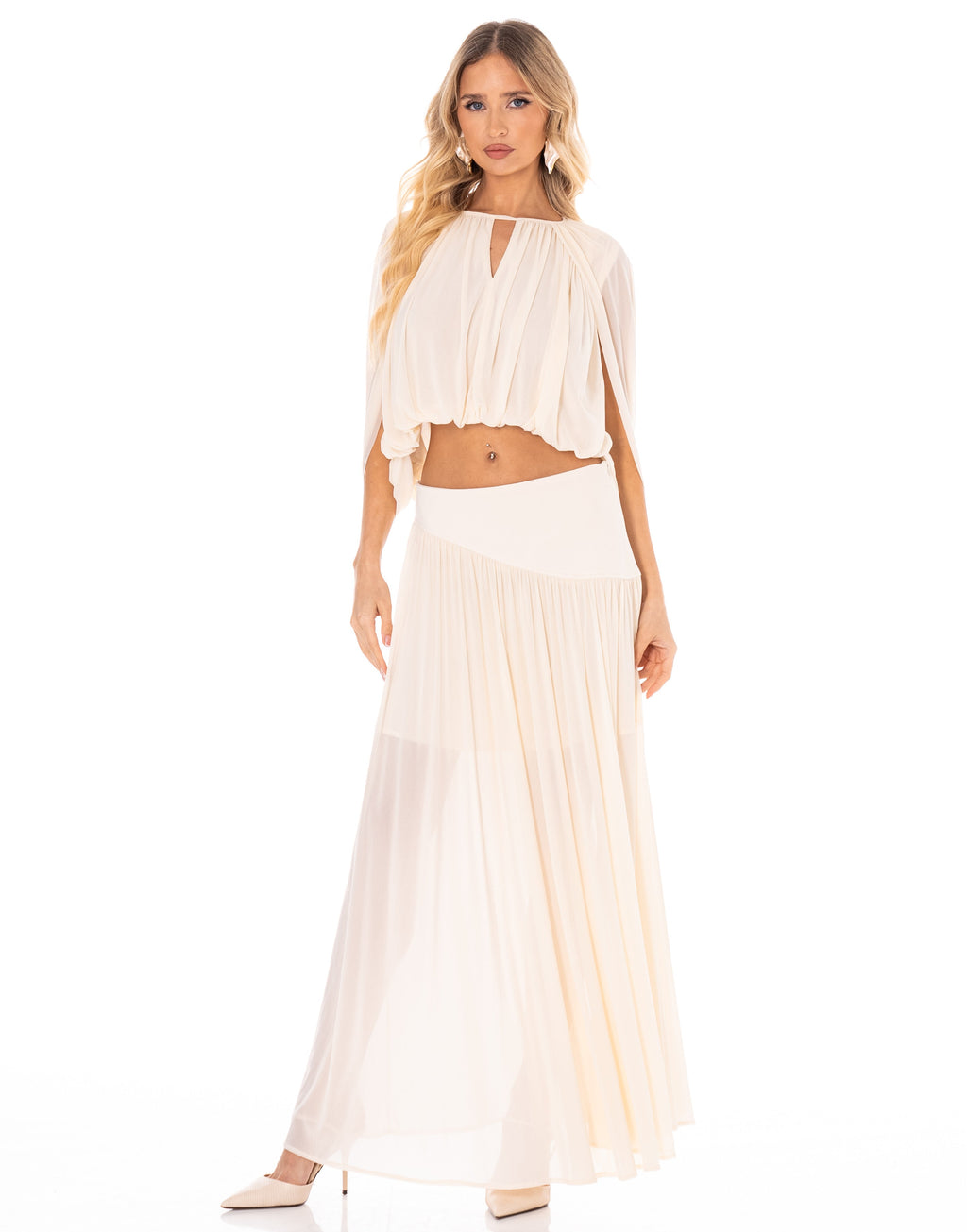 Chiffon Top and Maxi Skirt Set - Beige