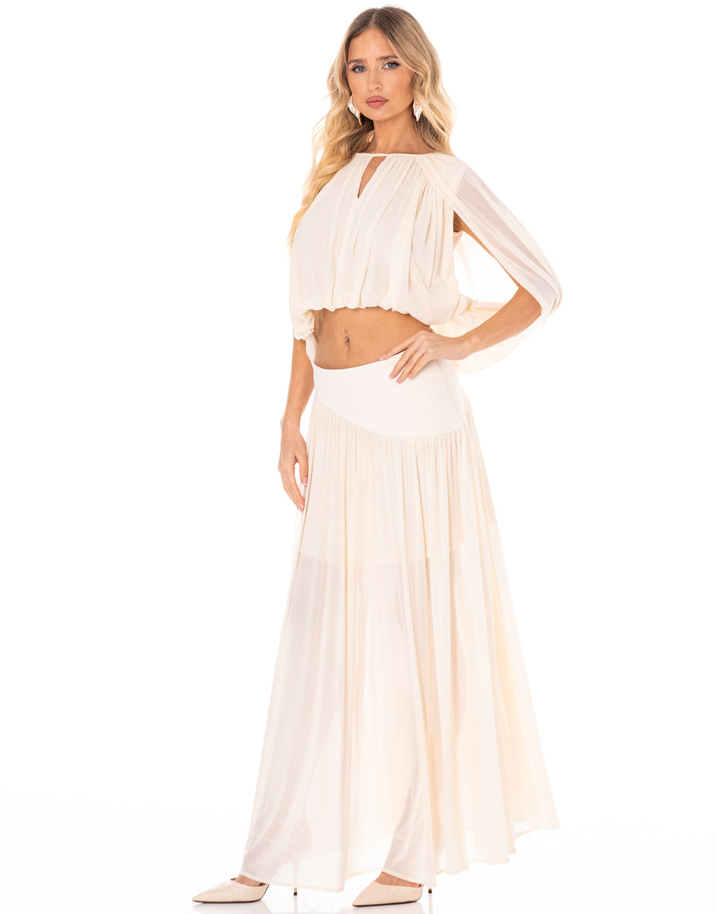 Chiffon Top and Maxi Skirt Set - Beige