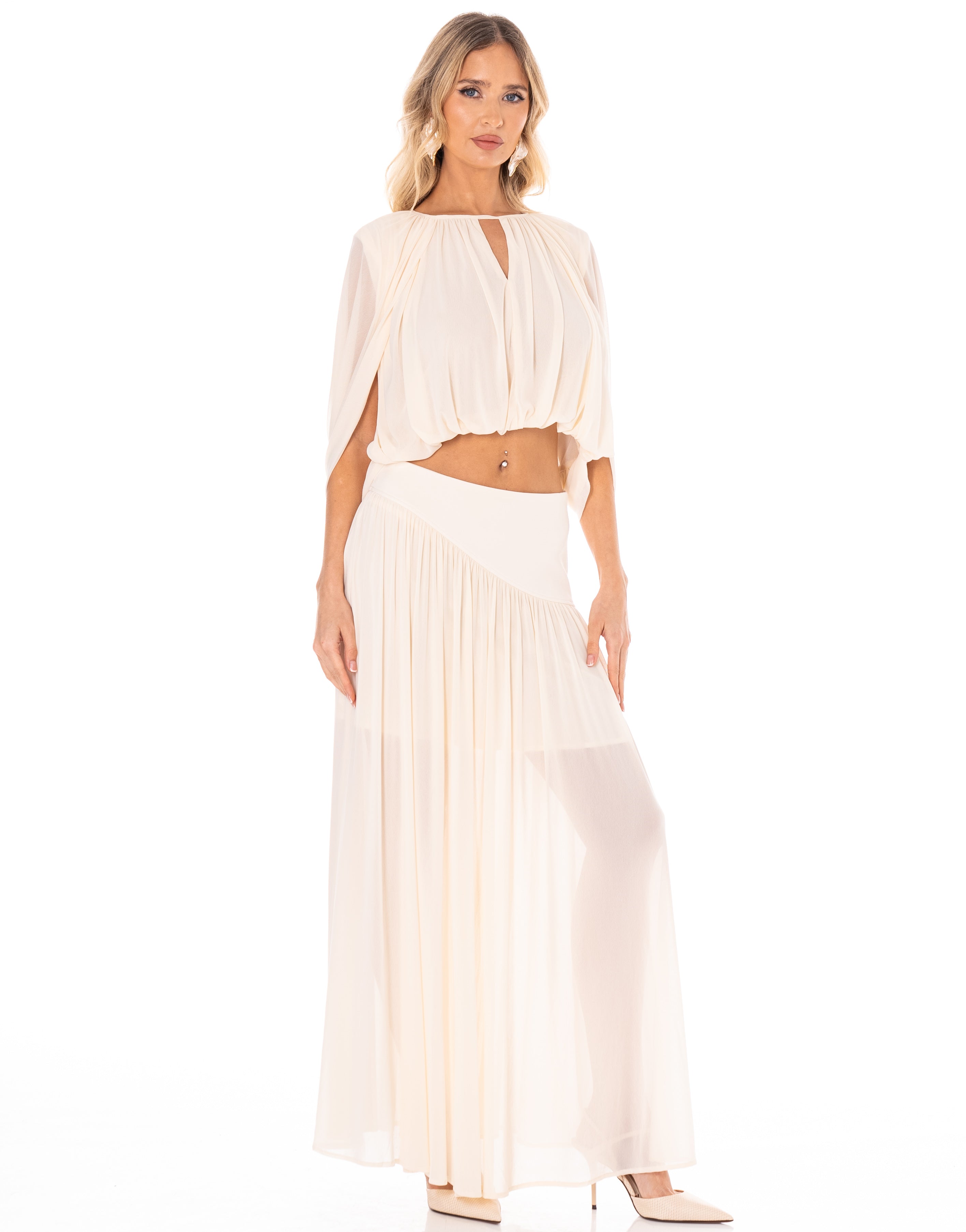 Chiffon Top and Maxi Skirt Set - Beige