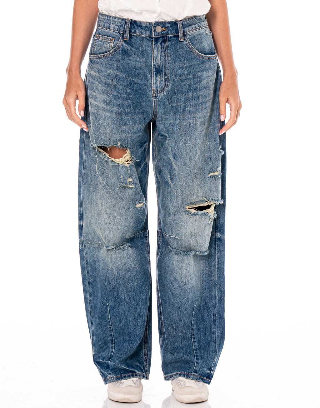 Distressed Wide-Leg Denim Jeans - Denim