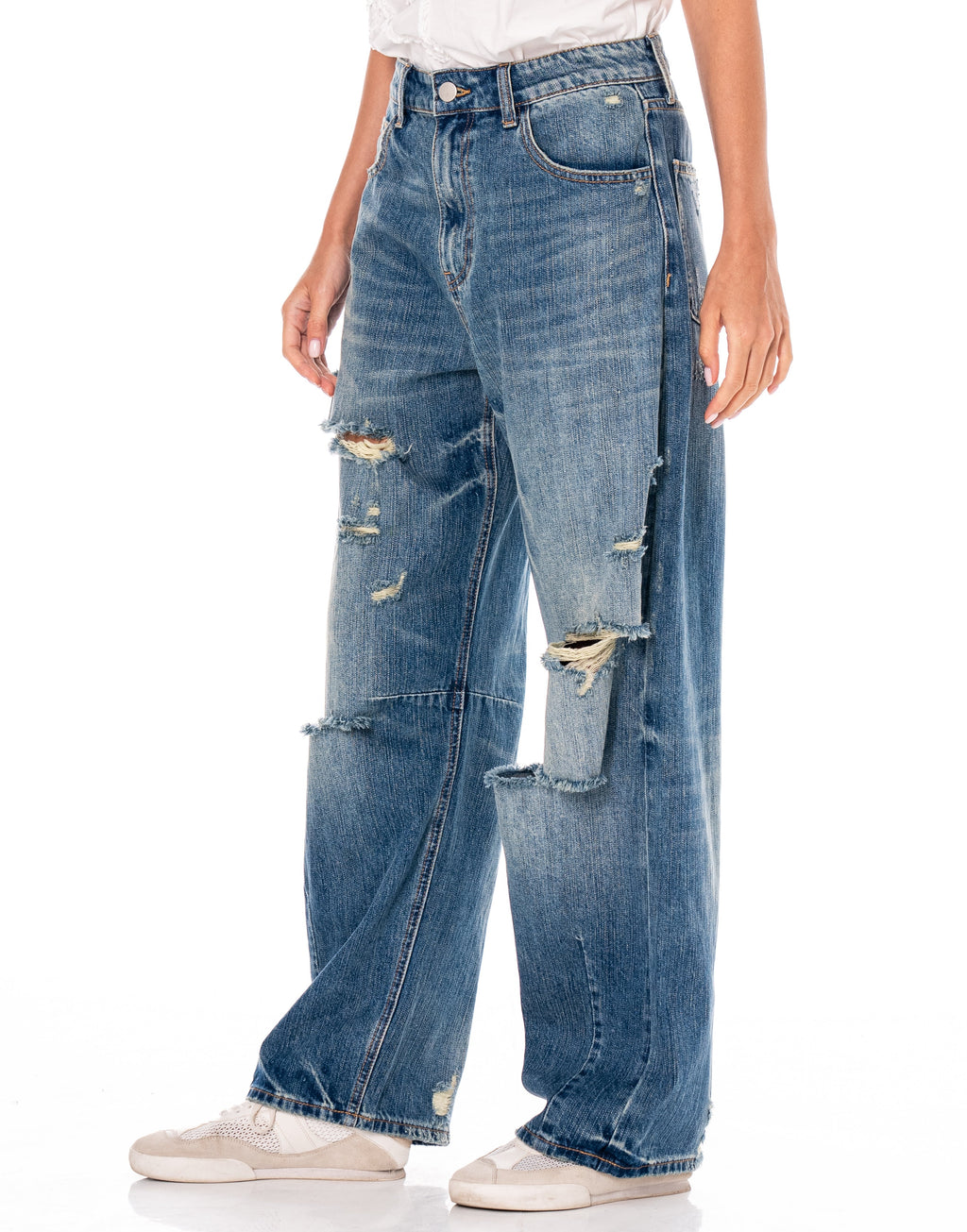 Distressed Wide-Leg Denim Jeans - Denim