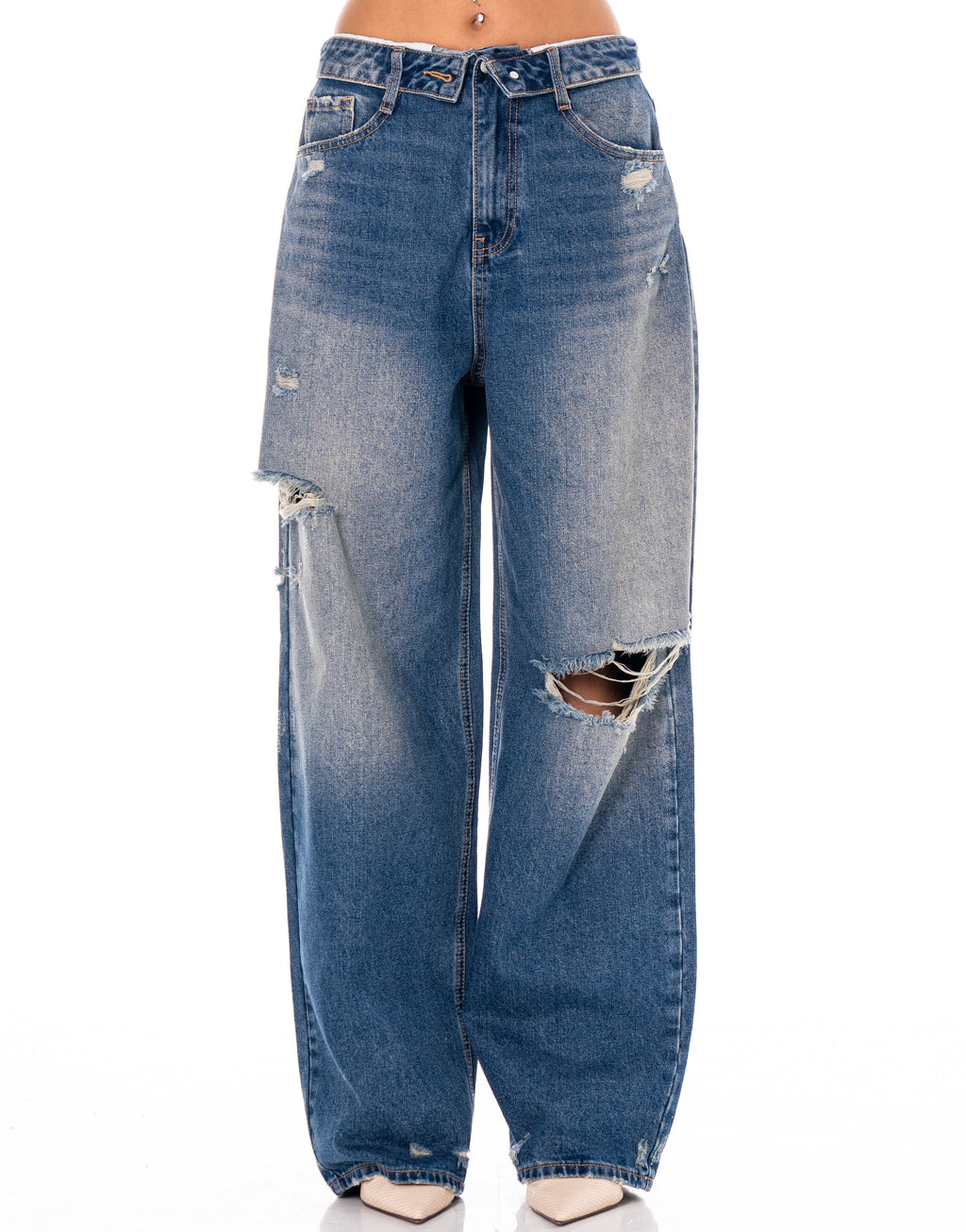 Wide-Leg Distressed Jeans - Denim