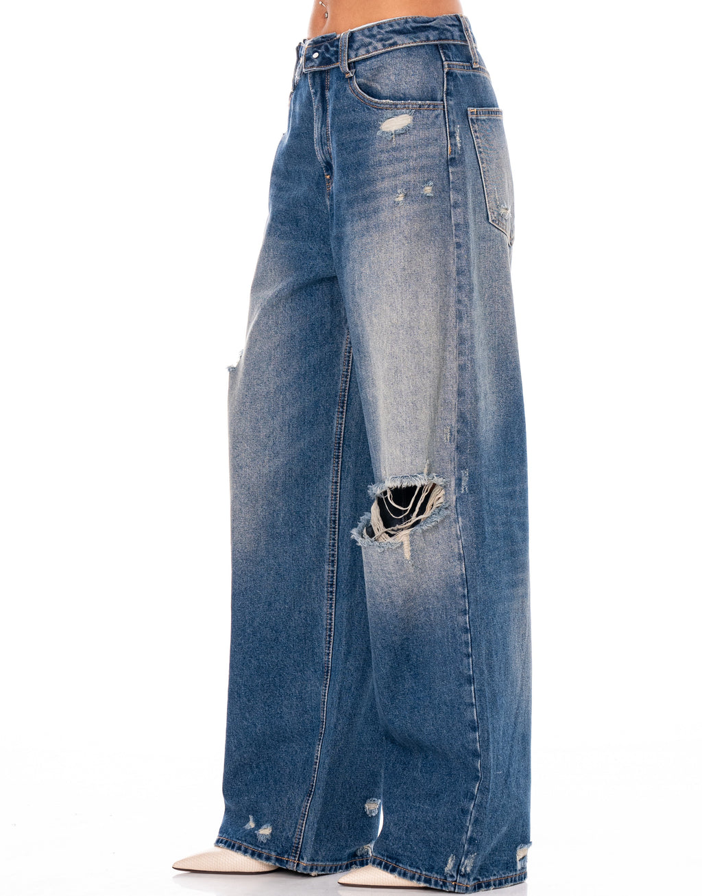 Wide-Leg Distressed Jeans - Denim