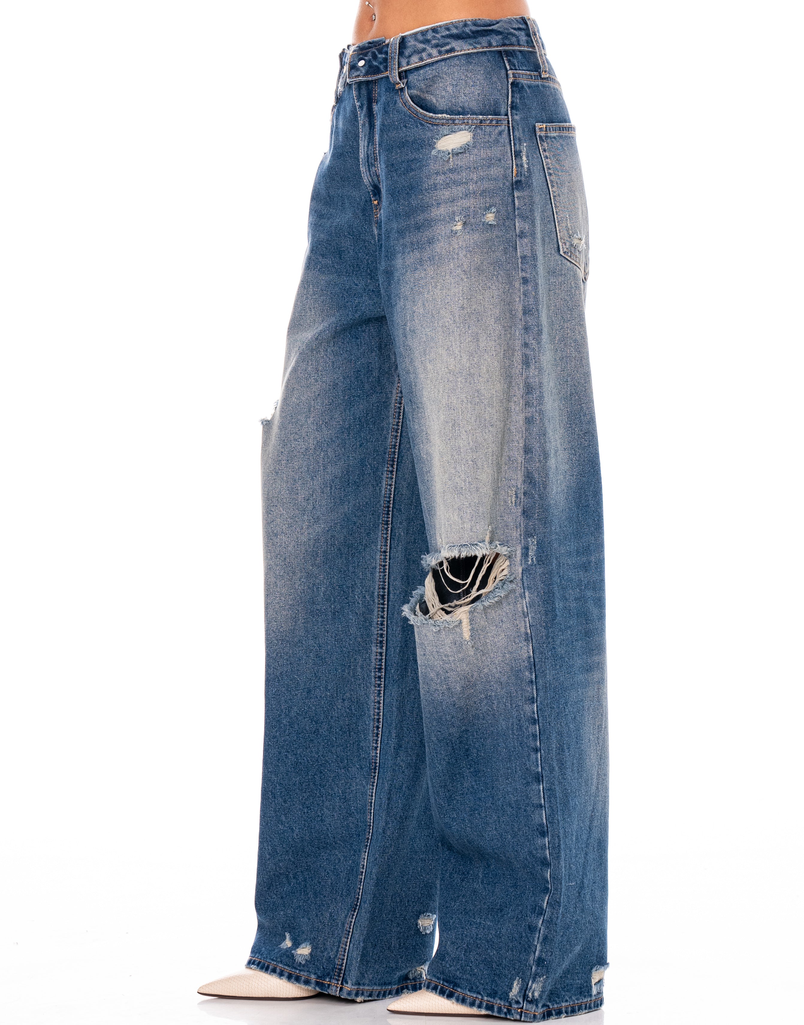 Wide-Leg Distressed Jeans - Denim