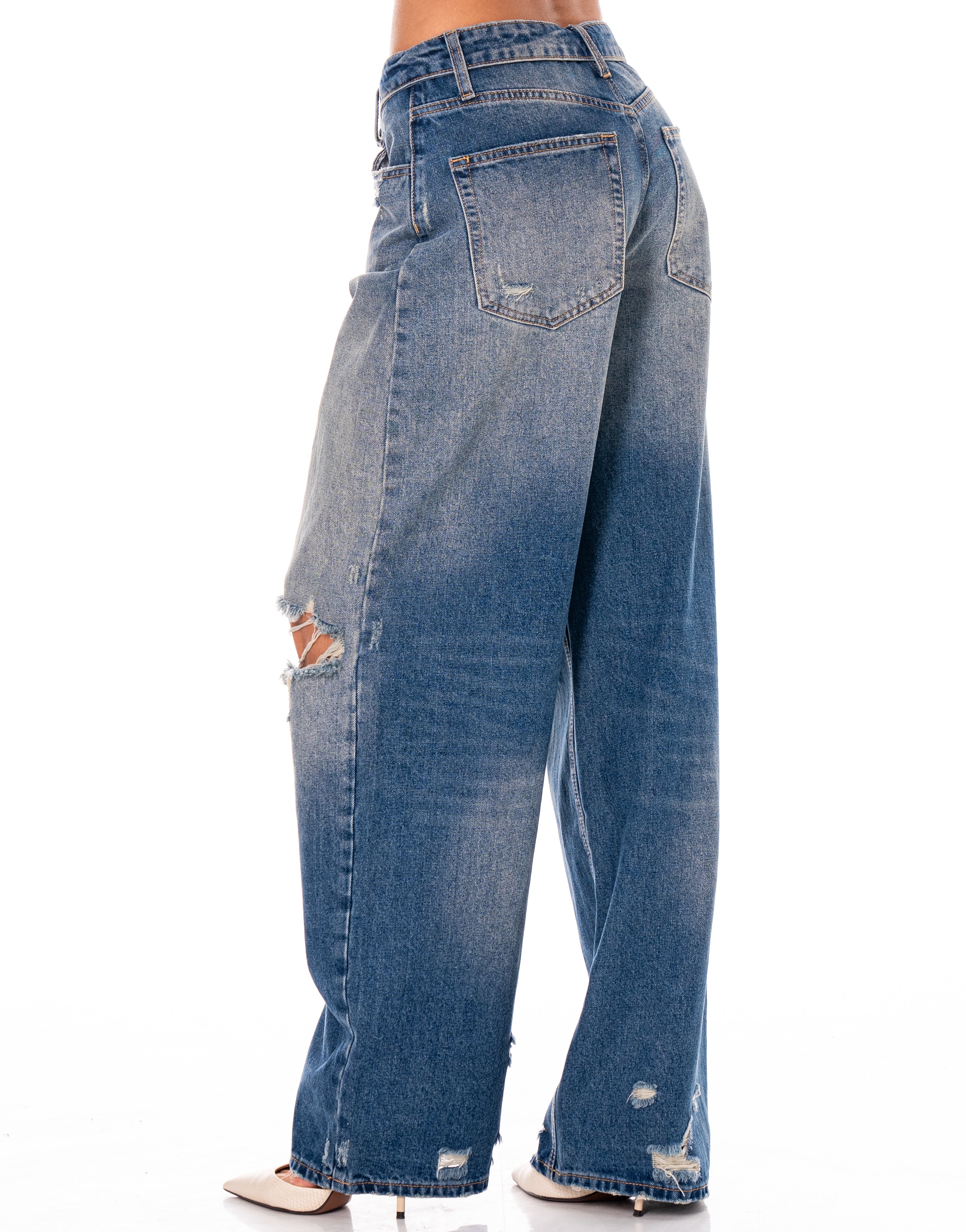 Wide-Leg Distressed Jeans - Denim