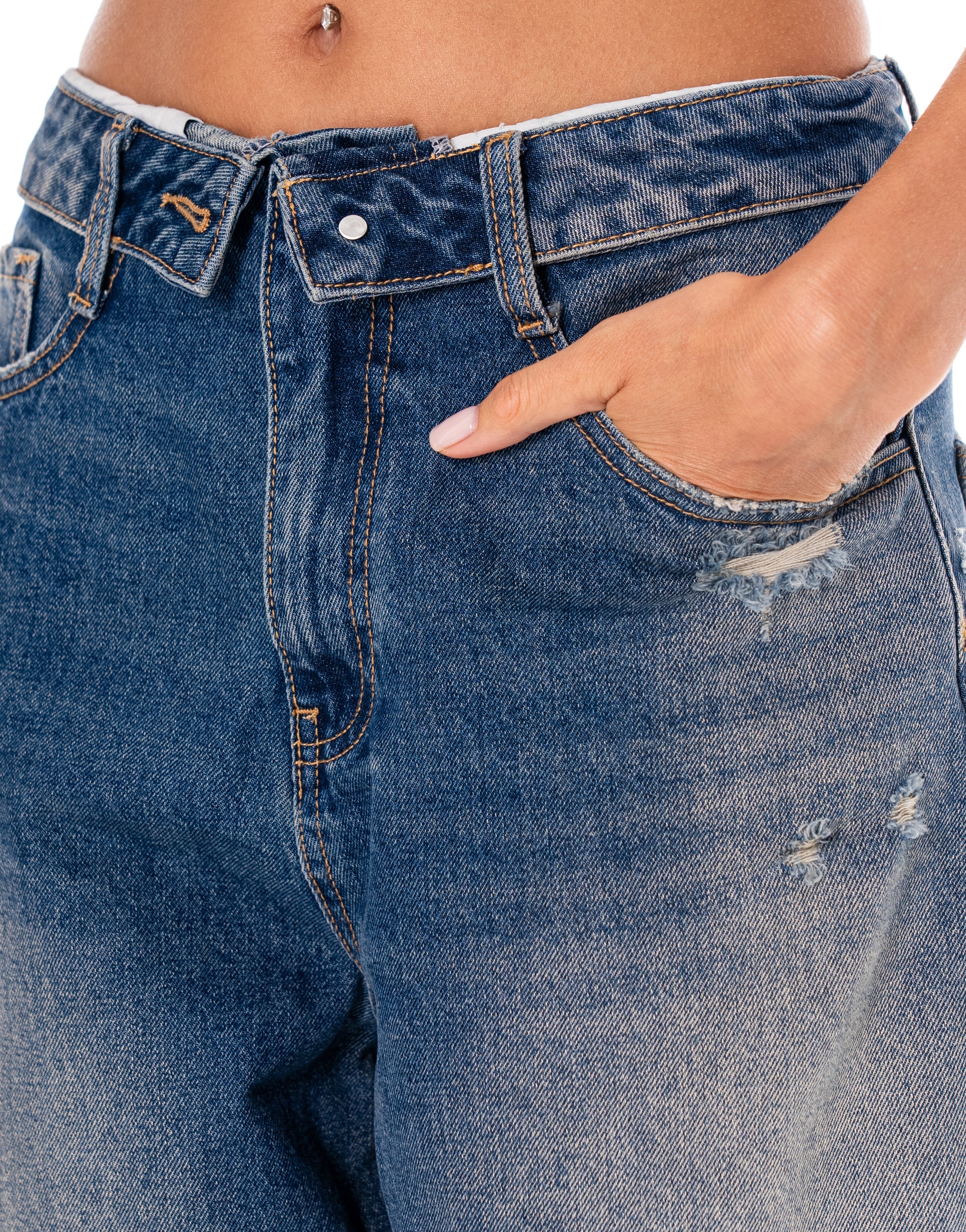 Wide-Leg Distressed Jeans - Denim