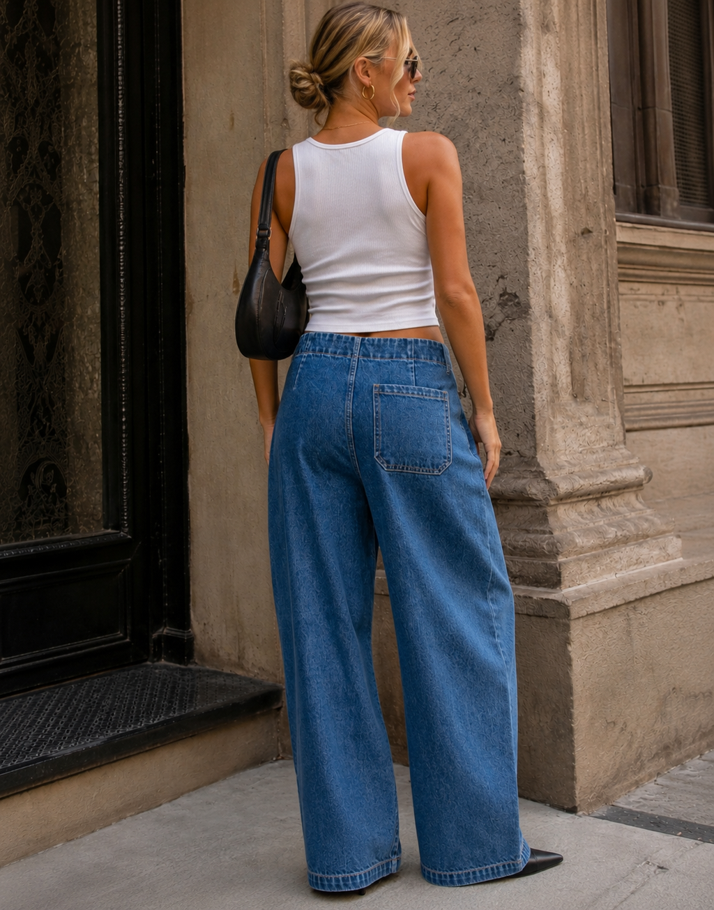 Pleated Barrel Leg Jeans - Denim
