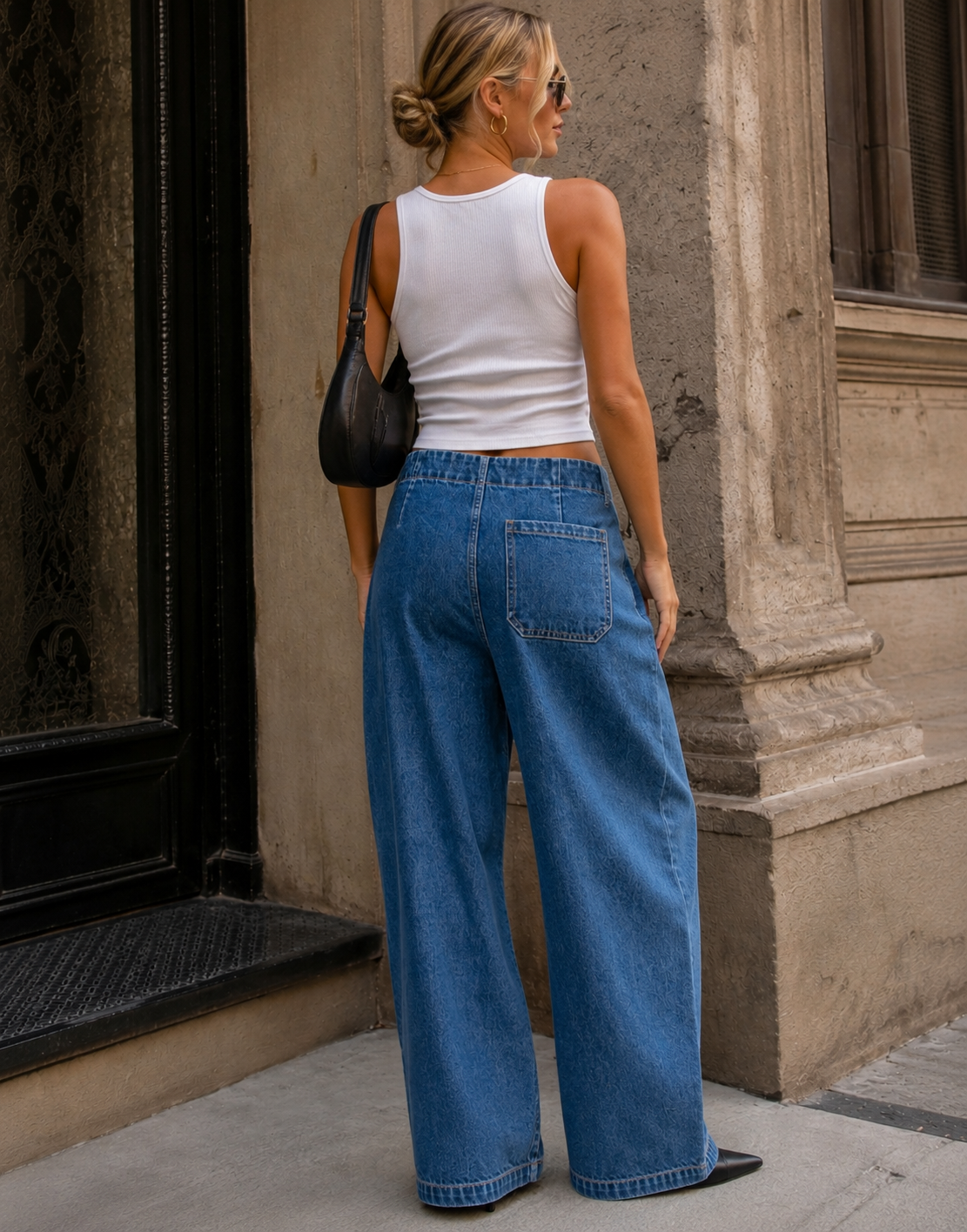 Pleated Barrel Leg Jeans - Denim