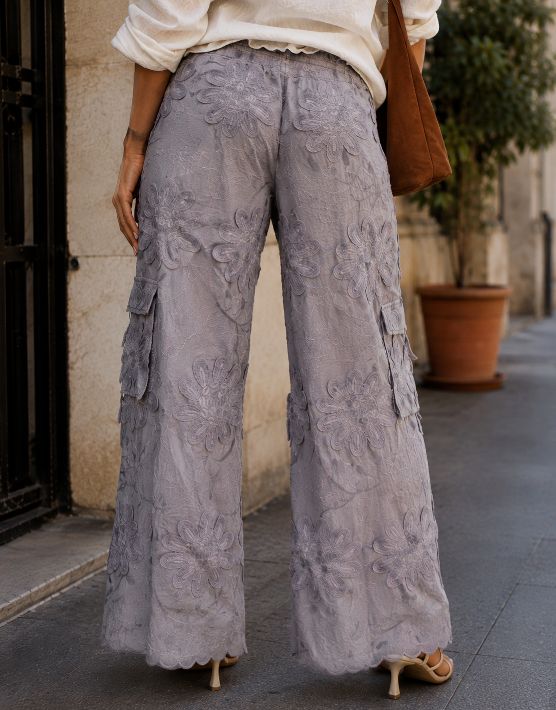 Wide Leg Pant with Embroidery Patchwork - Grey