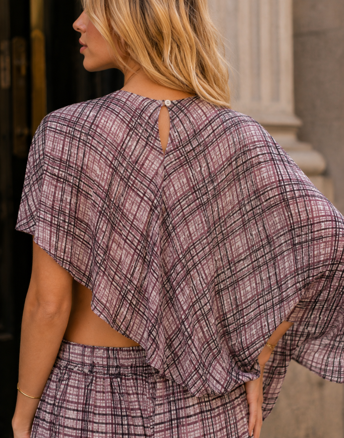 Plaid Cape Top and Pants Matching Set - Purple