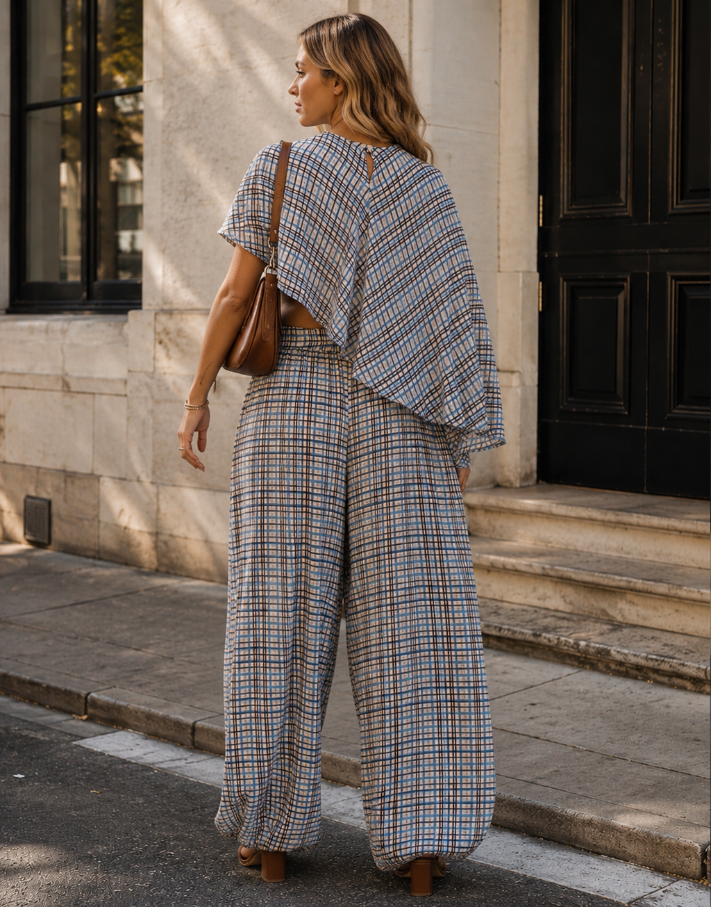 Plaid Cape Top and Pants Matching Set - Light Blue