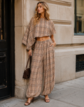 Plaid Cape Top and Pants Matching Set - Brown