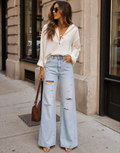 Distressed Wide Leg Jeans - Denim
