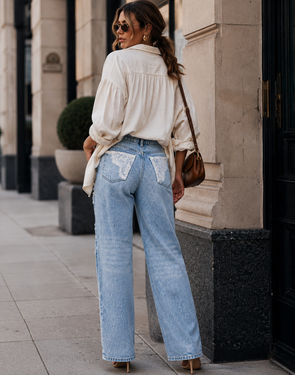 Lace Panel Jeans - Denim