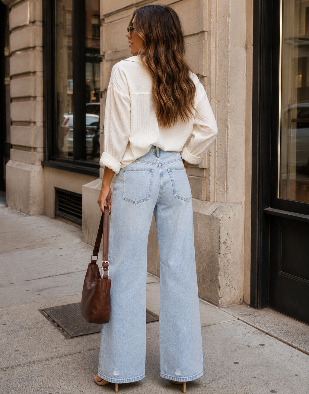 Distressed Wide Leg Jeans - Denim