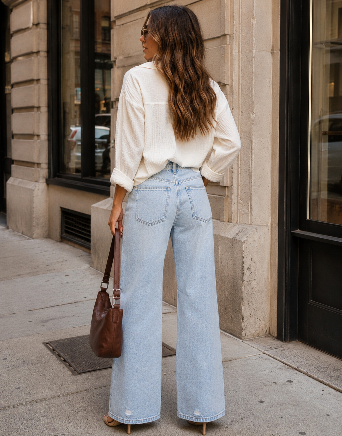 Distressed Wide Leg Jeans - Denim