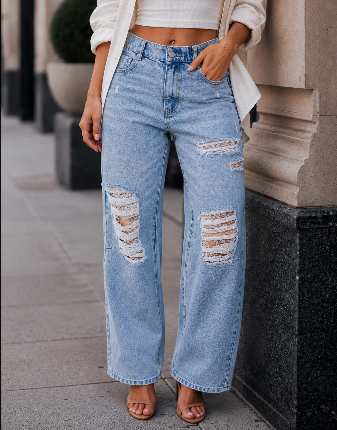 Lace Panel Jeans - Denim