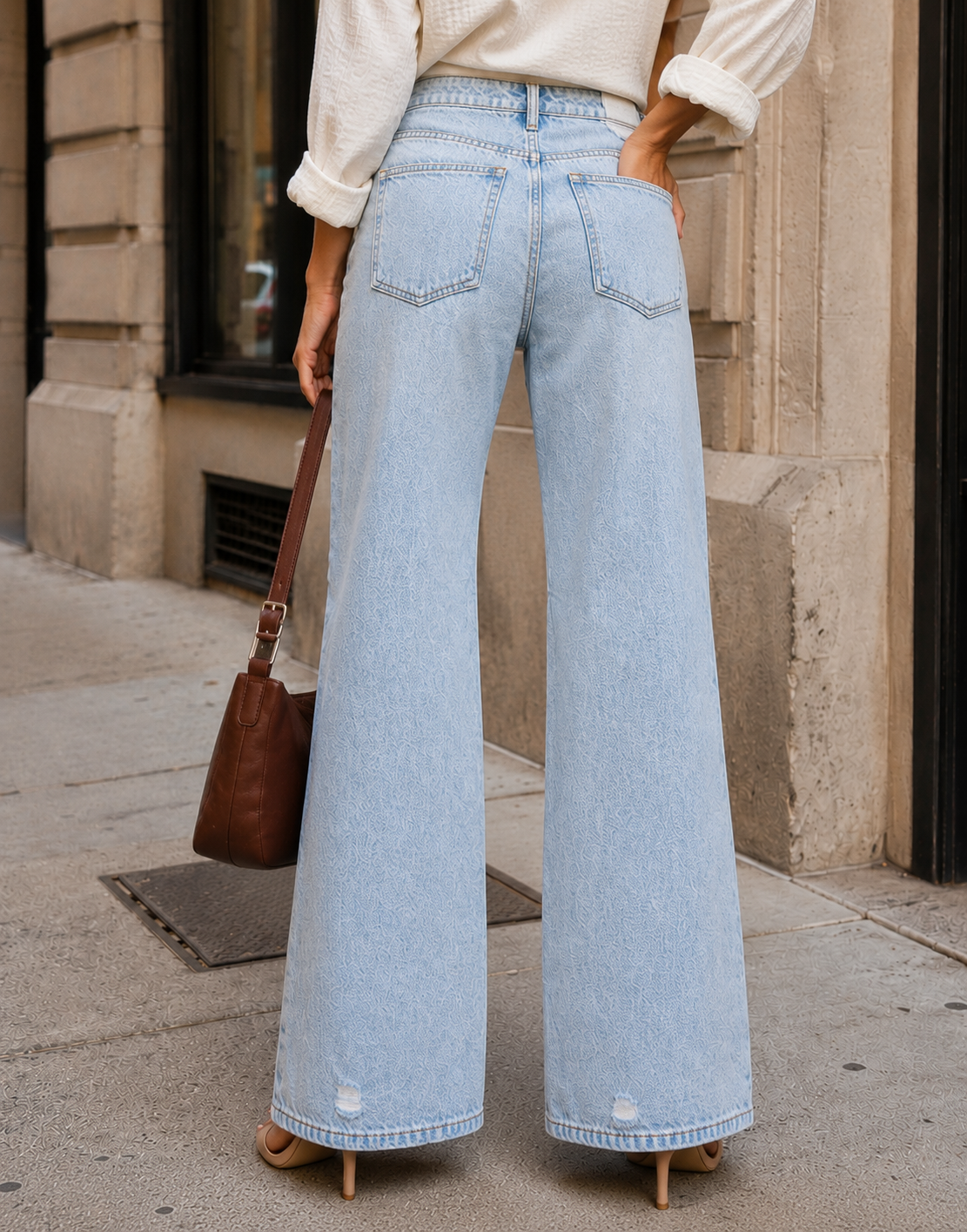 Distressed Wide Leg Jeans - Denim