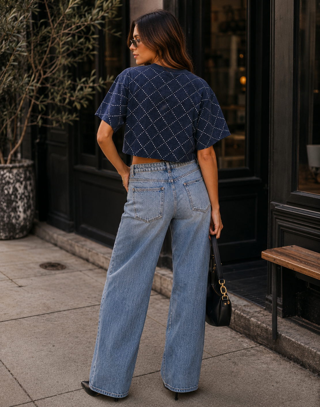 Diamond Studded Cropped Tee - Dark Blue