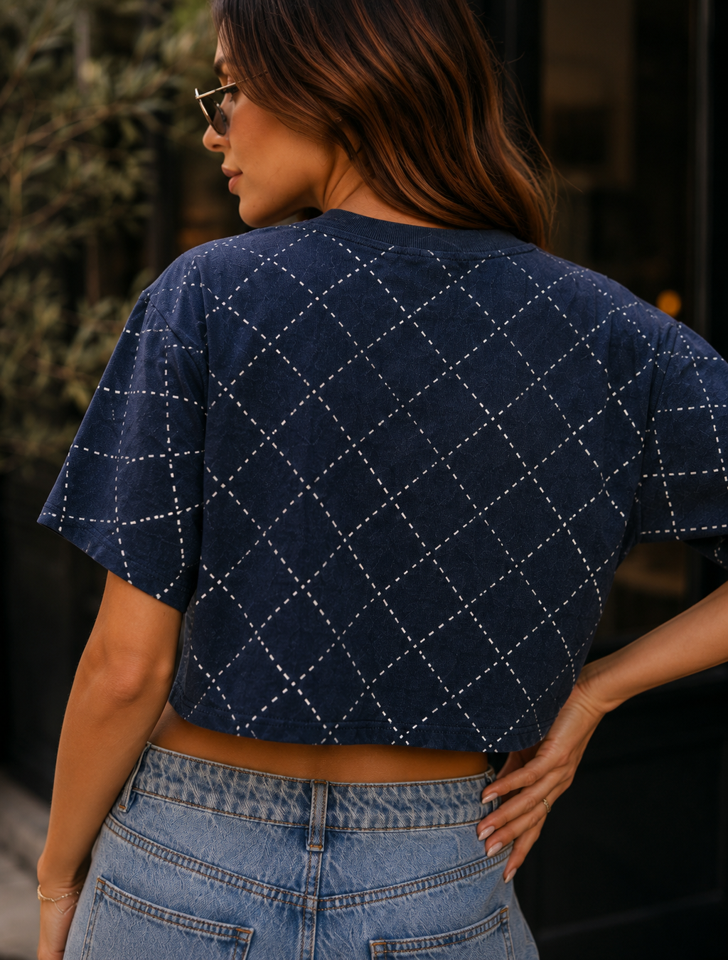 Diamond Studded Cropped Tee - Dark Blue