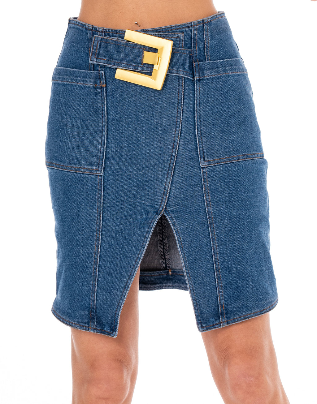 Denim Belted Midi Skirt - Denim