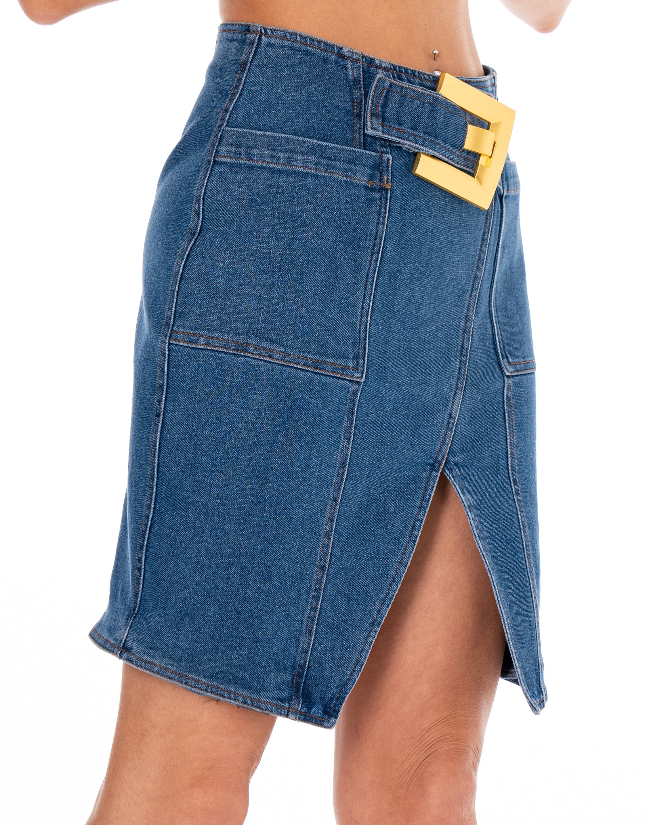 Denim Belted Midi Skirt - Denim