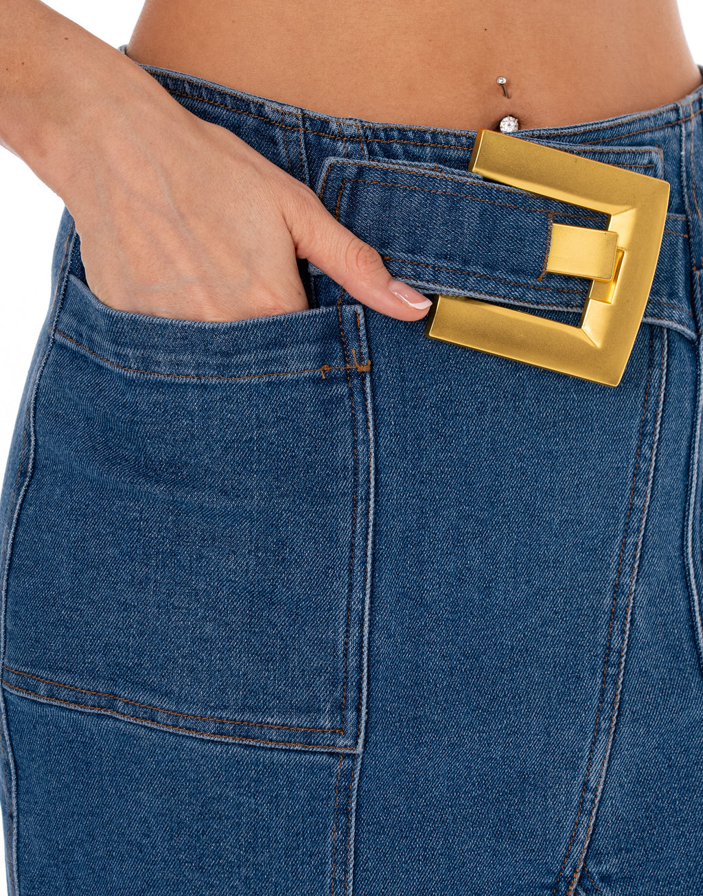 Denim Belted Midi Skirt - Denim