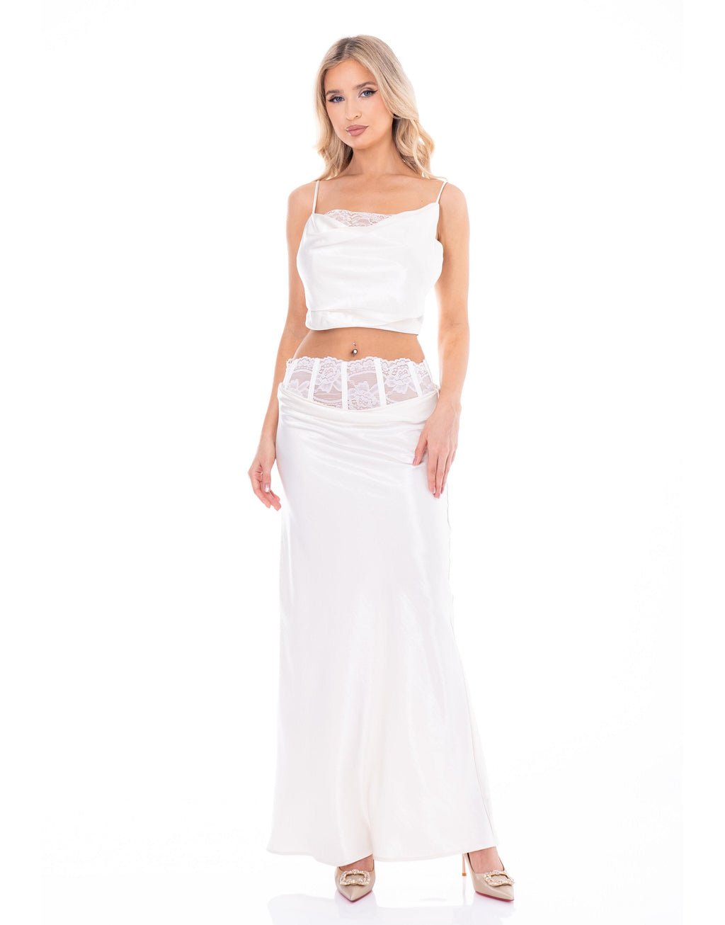 Satin Crop Top & Maxi Skirt Set - Beige