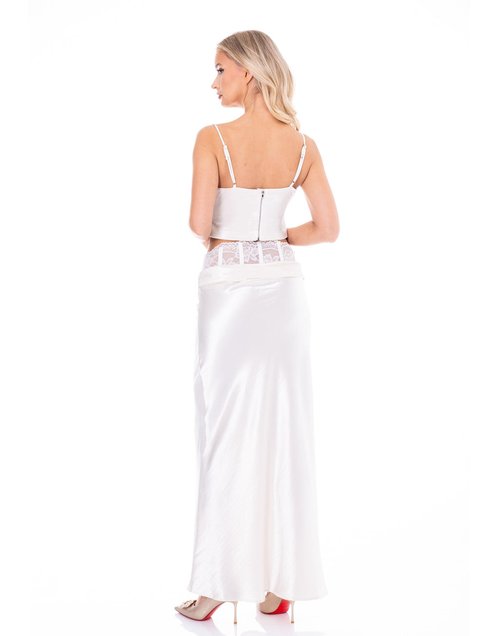 Satin Crop Top & Maxi Skirt Set - Beige