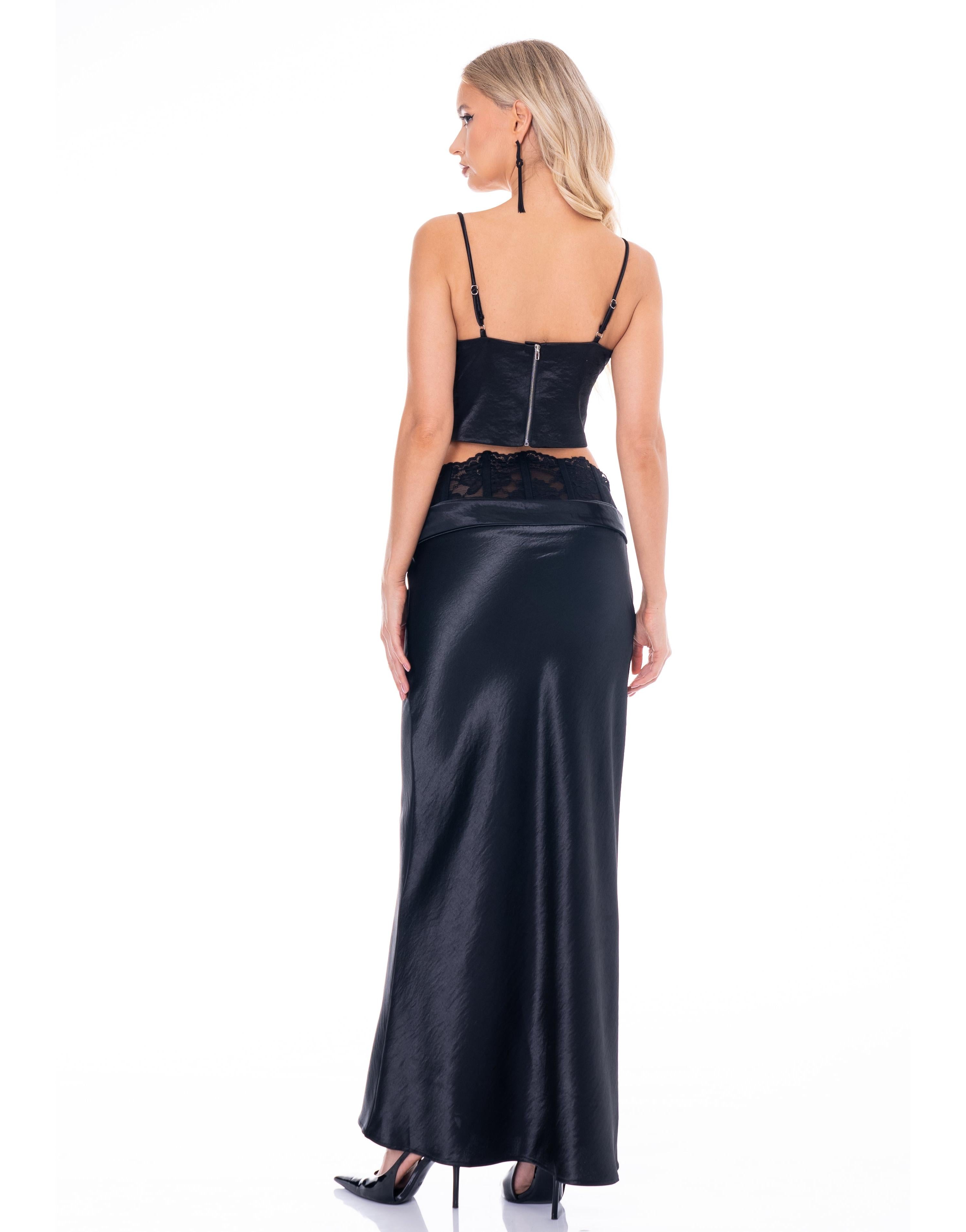 Satin Crop Top & Maxi Skirt Set - Black