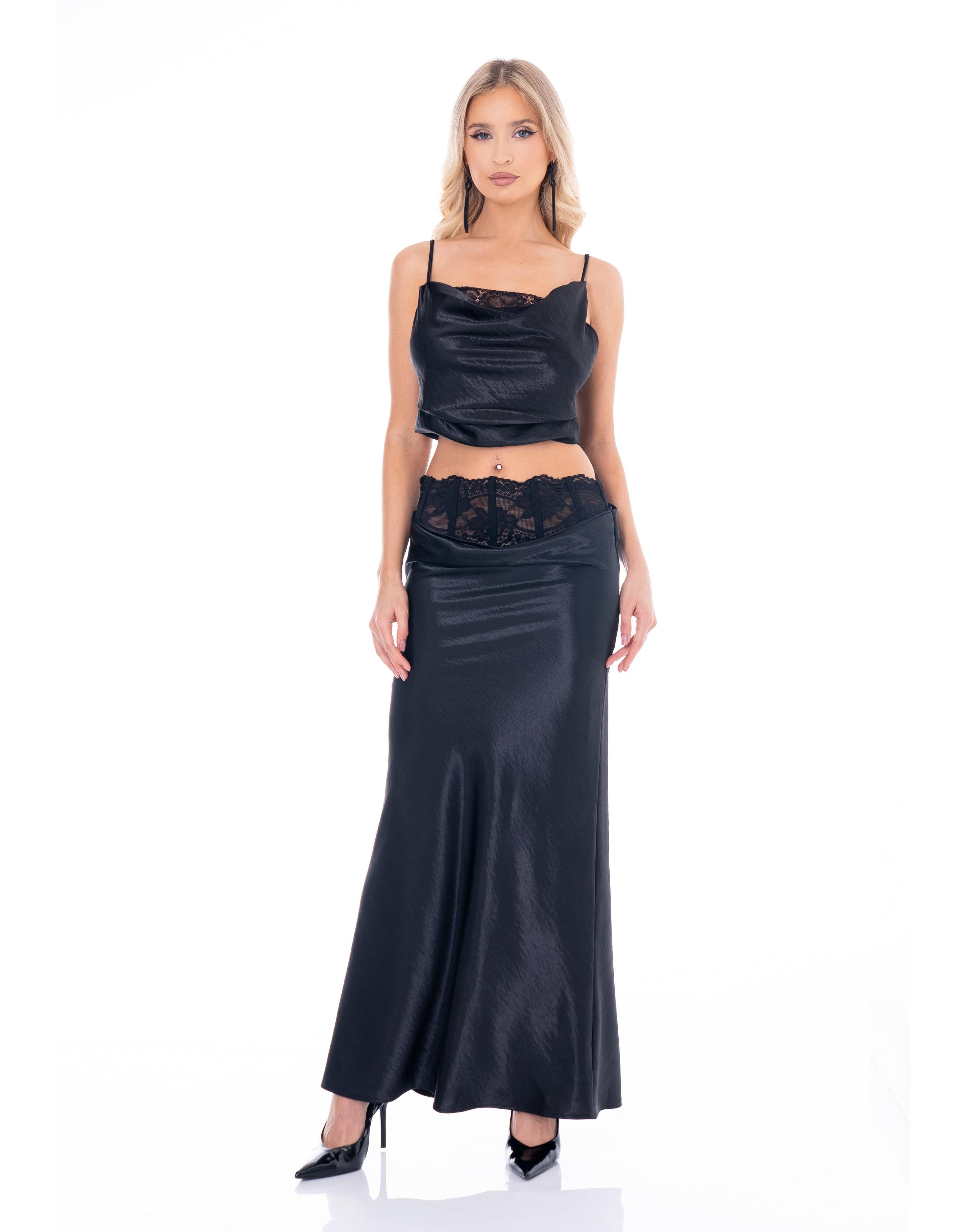 Satin Crop Top & Maxi Skirt Set - Black