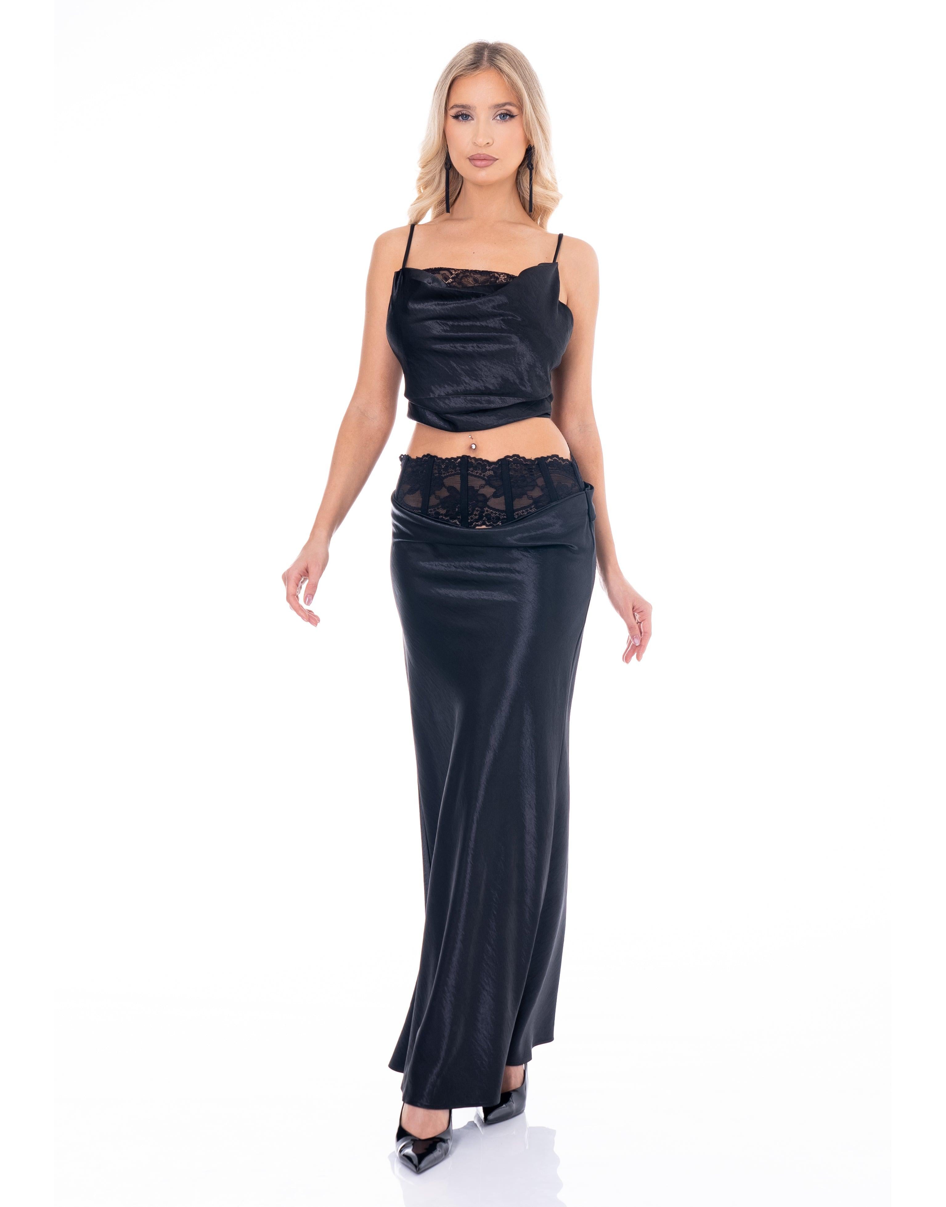 Satin Crop Top & Maxi Skirt Set - Black
