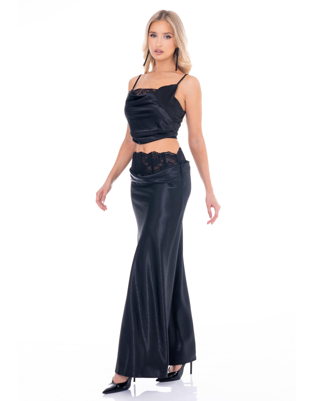 Satin Crop Top & Maxi Skirt Set - Black