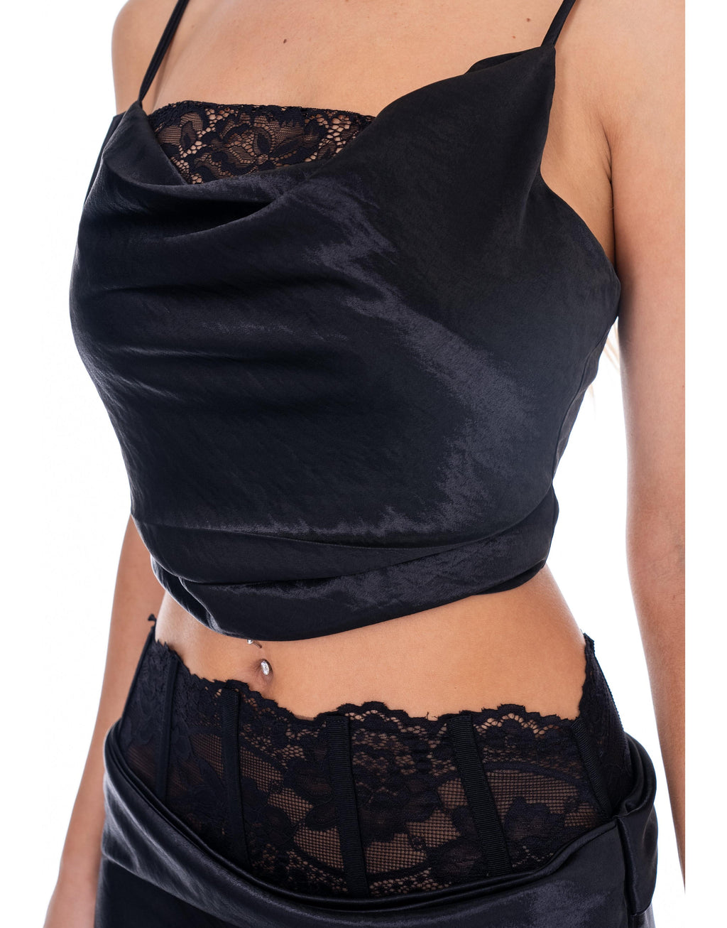 Satin Crop Top & Maxi Skirt Set - Black