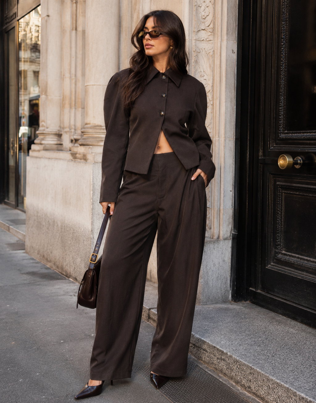 Blazer + Wide Leg Pants Set - Brown
