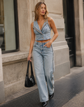 Denim Crop Top And Jeans Set - Denim