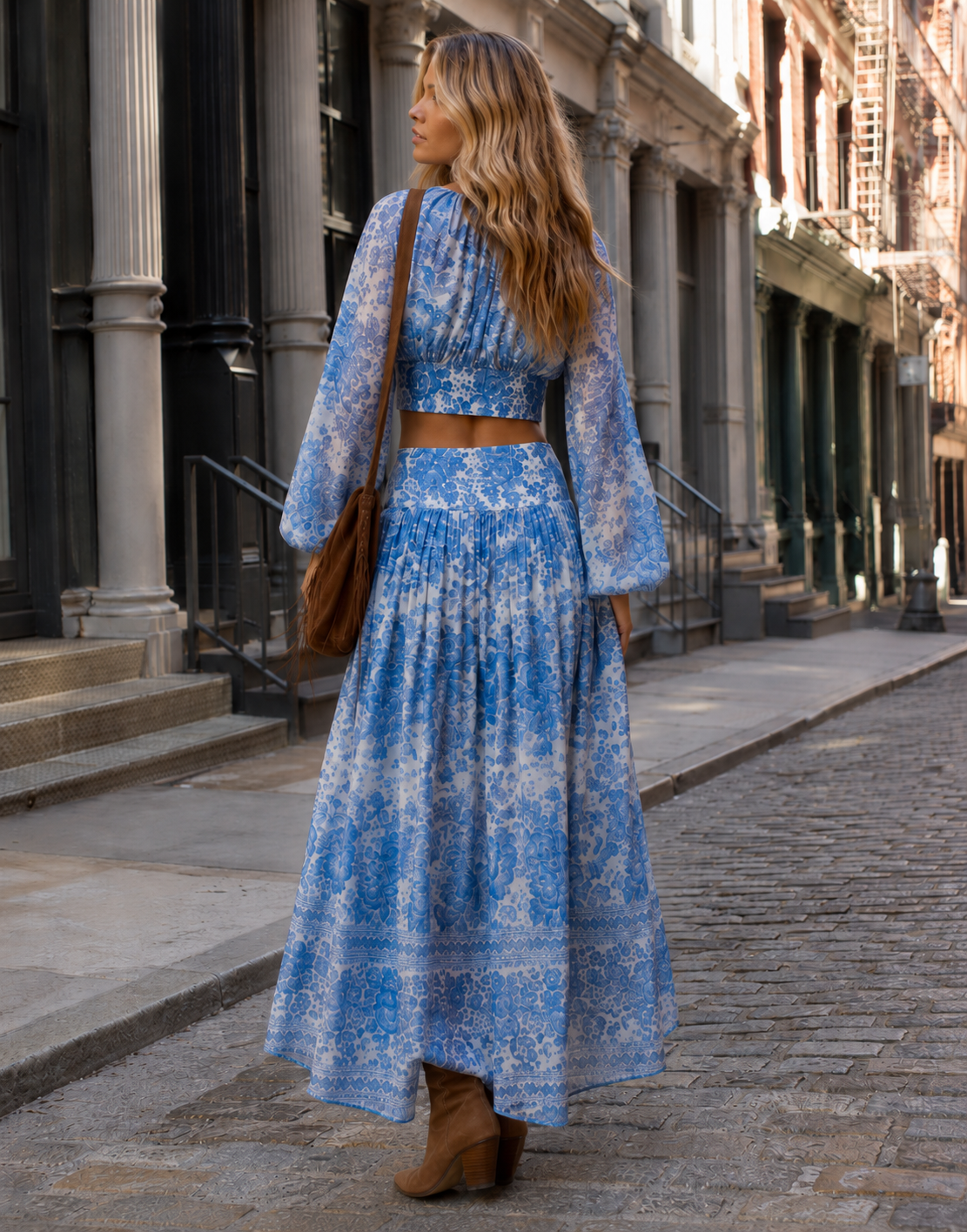 Two-Piece Set With Crop Top And Maxi Skirt - Light Blue