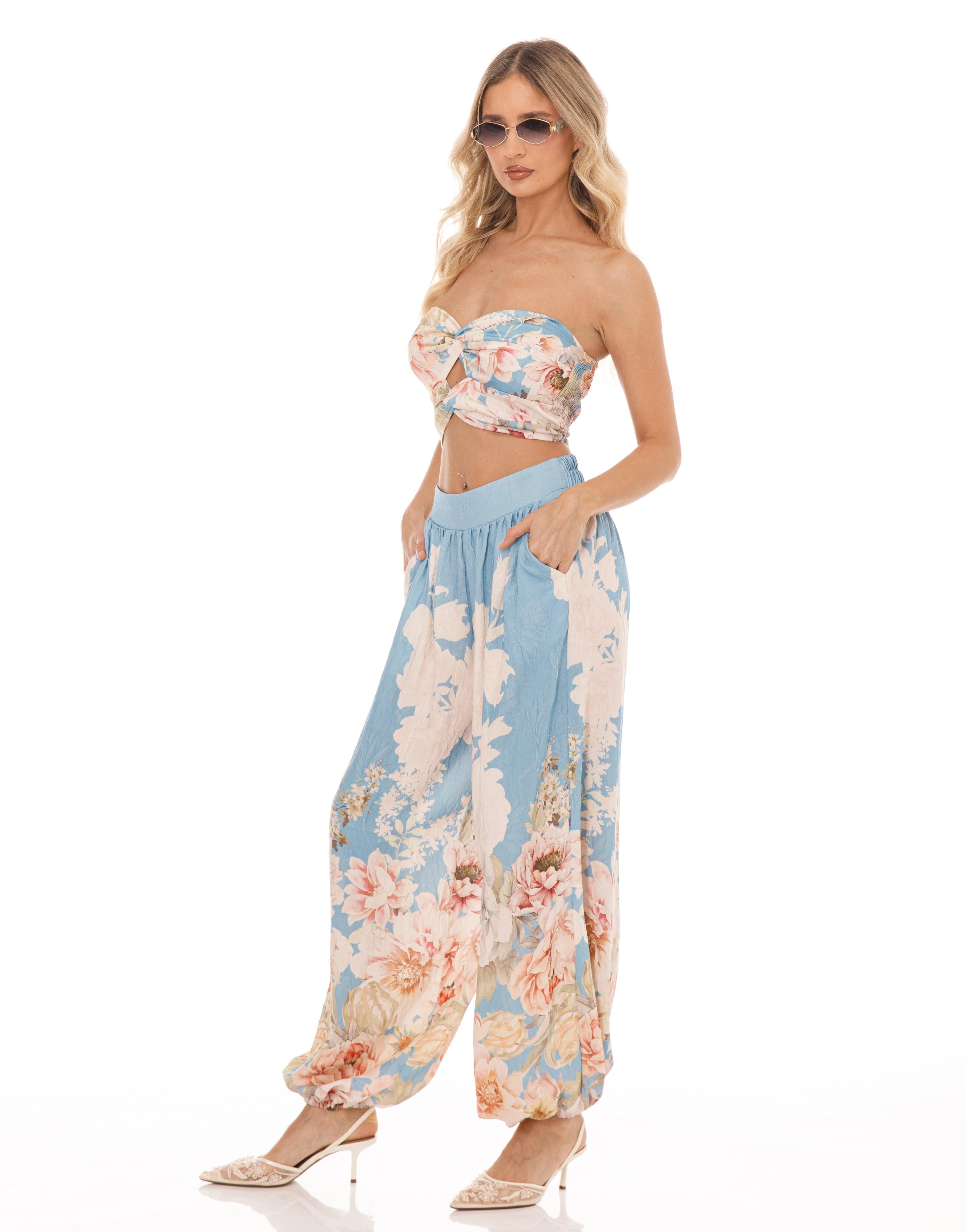 Floral Strapless Matching Set - Light Blue