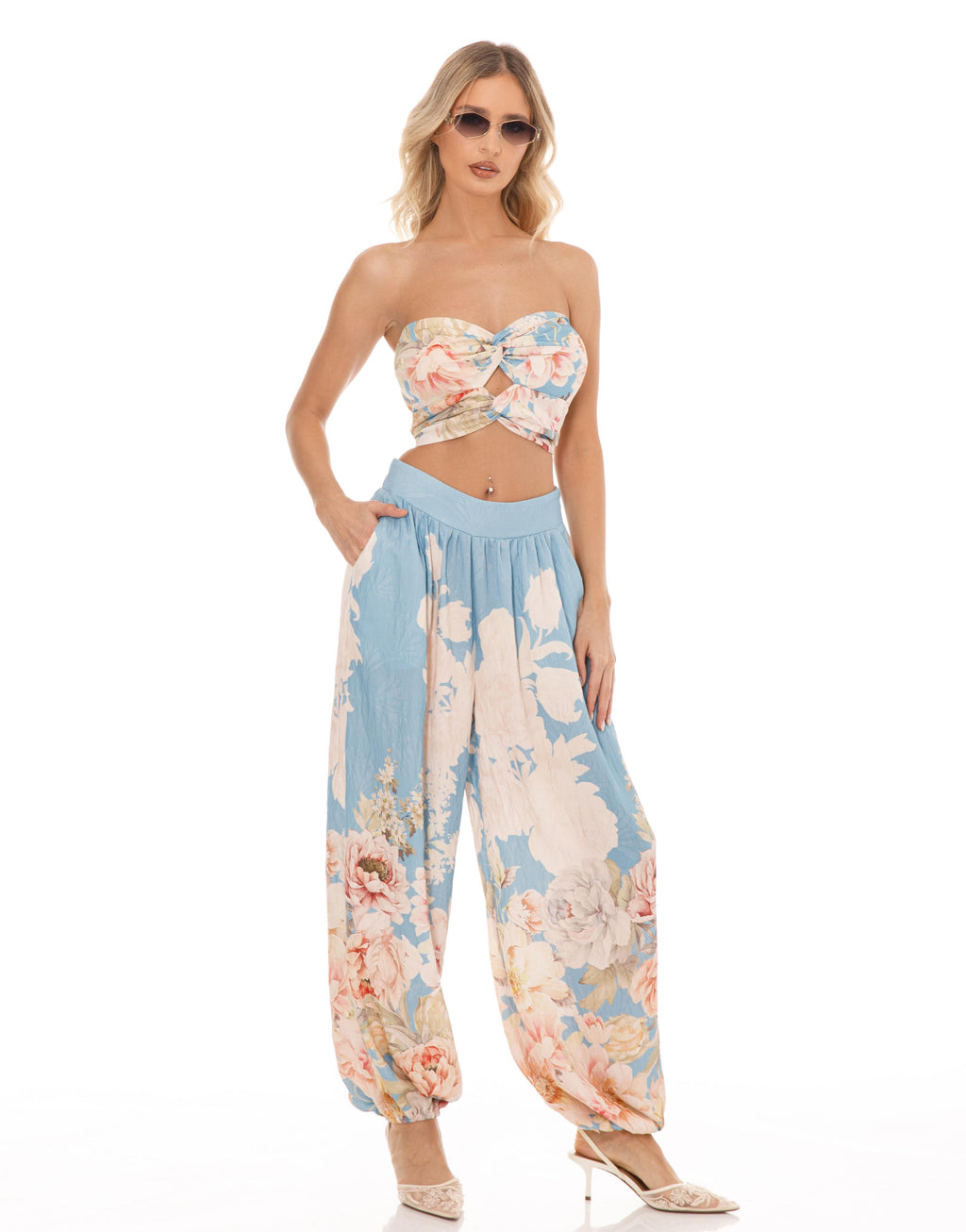 Floral Strapless Matching Set - Light Blue
